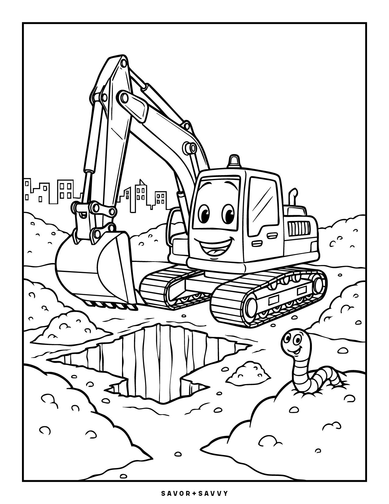Image of The Happy Excavator Free Printable Construction Coloring Page For Boys.