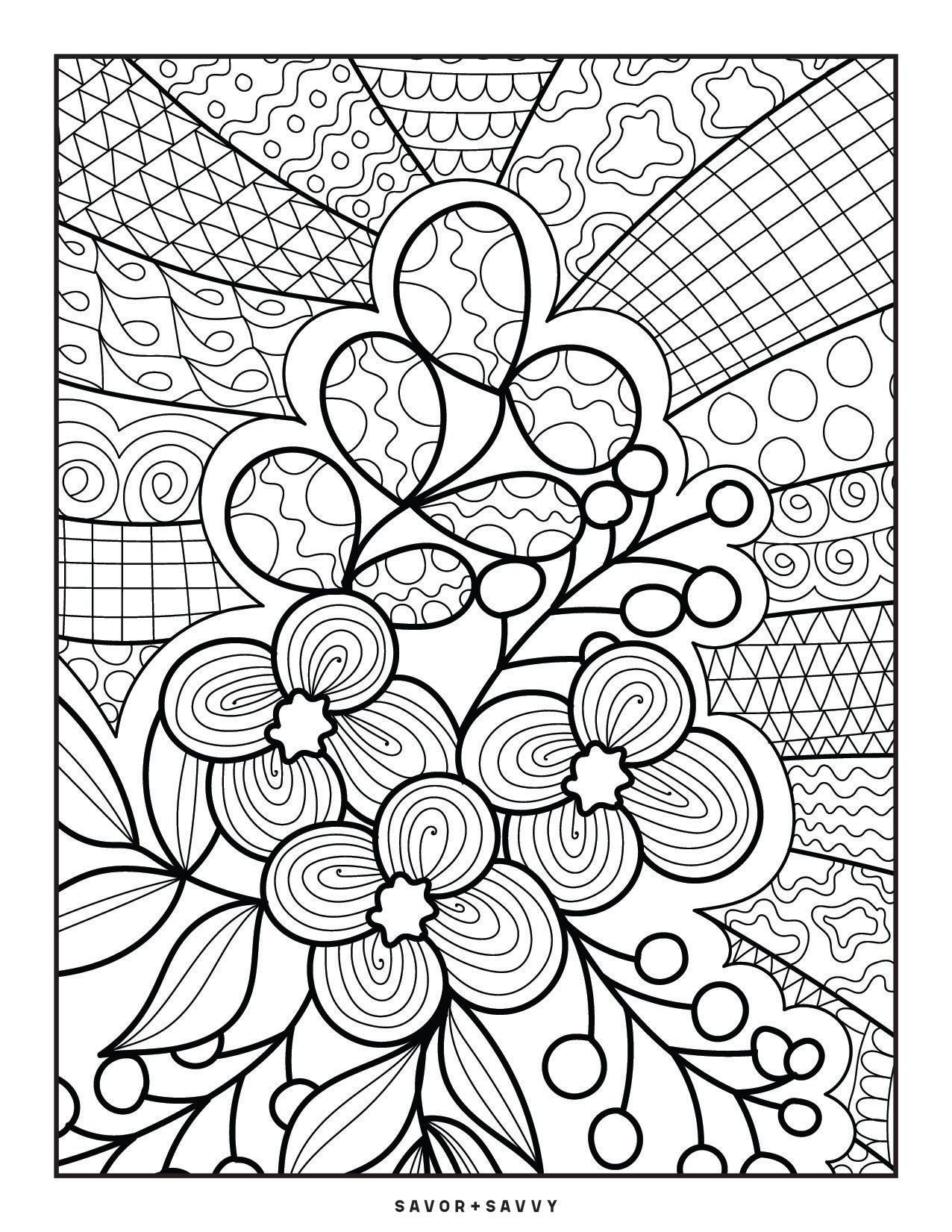 Image of Floral Bouquet with Patterned Background Coloring Page For Teens.