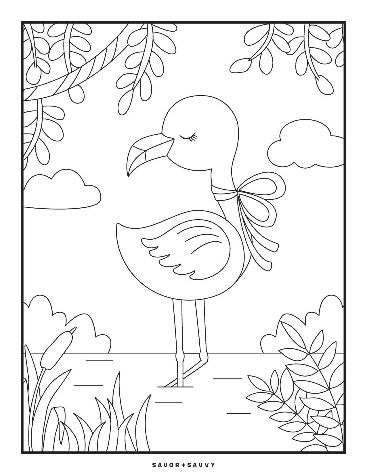 Image of Flamingo Free Printable Jungle Animals Coloring Page For Toddlers.