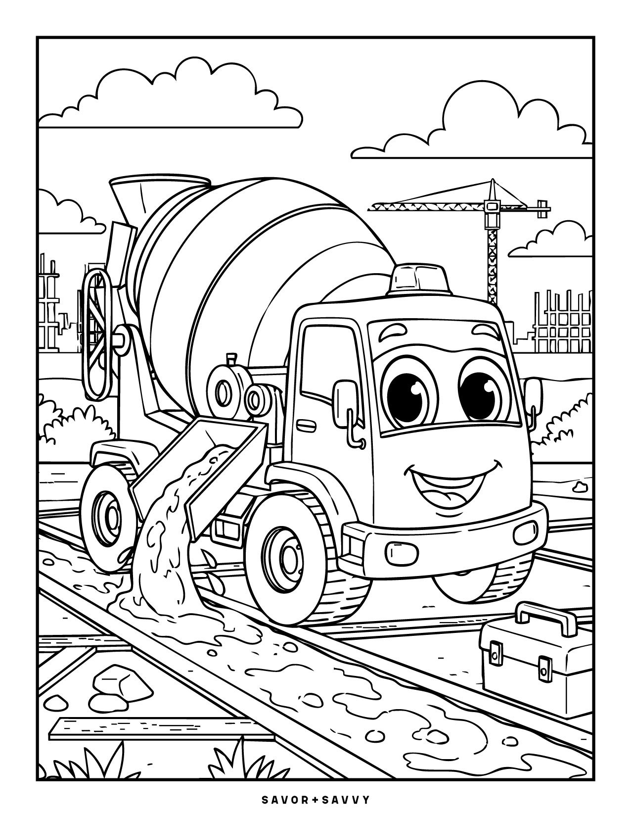 Image of The Bubbly Cement Mixer Free Printable Construction Coloring Page For Boys.