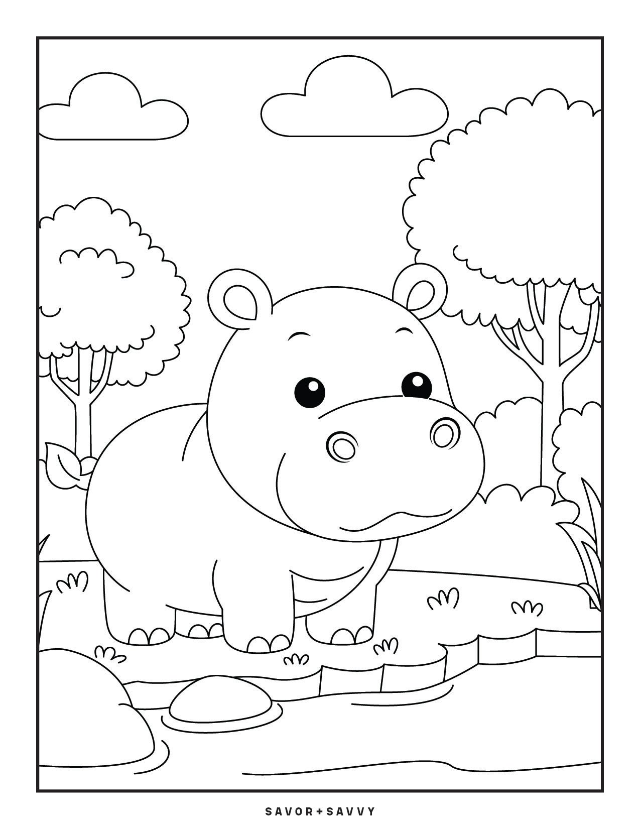 Image of Hippo Free Printable Jungle Animals Coloring Page For Toddlers.