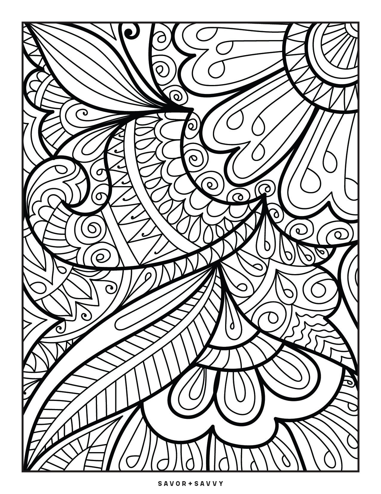 Image of Sweeping Flowers and Leaves Coloring Page For Teens.