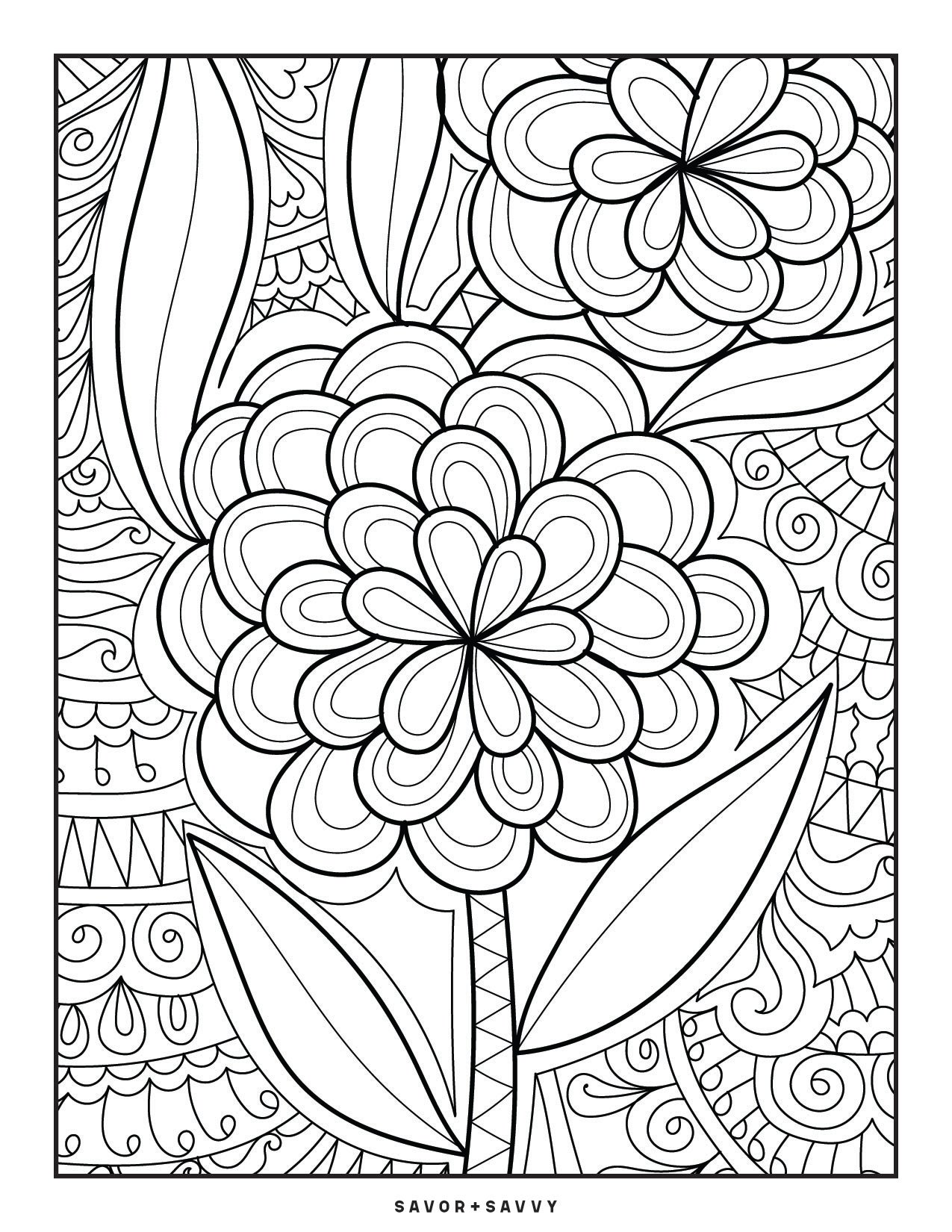 Image of Large Blooming Flowers Coloring Page For Teens.