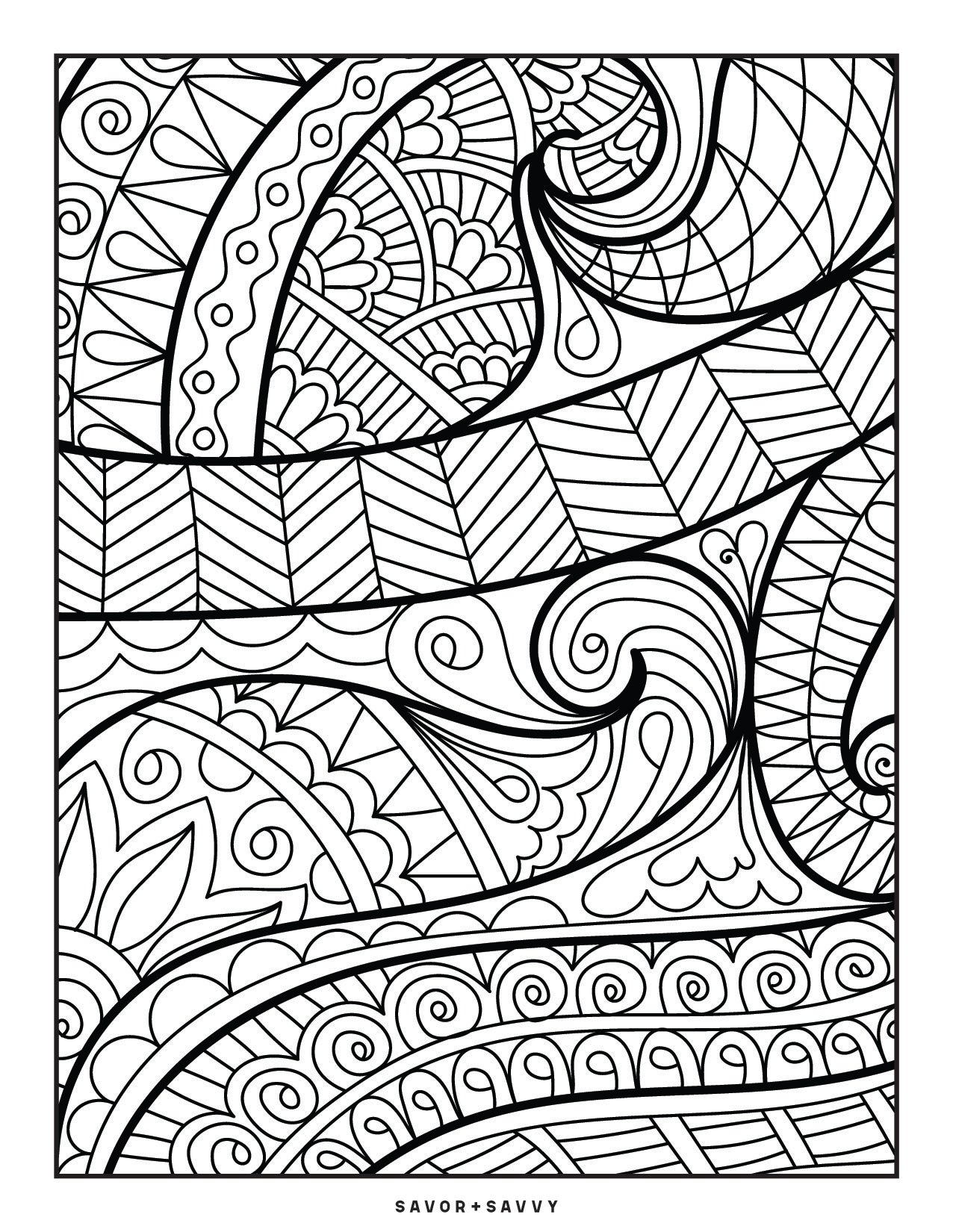 Image of Waves, Bands, and Swirls Pattern Coloring Page For Teens.
