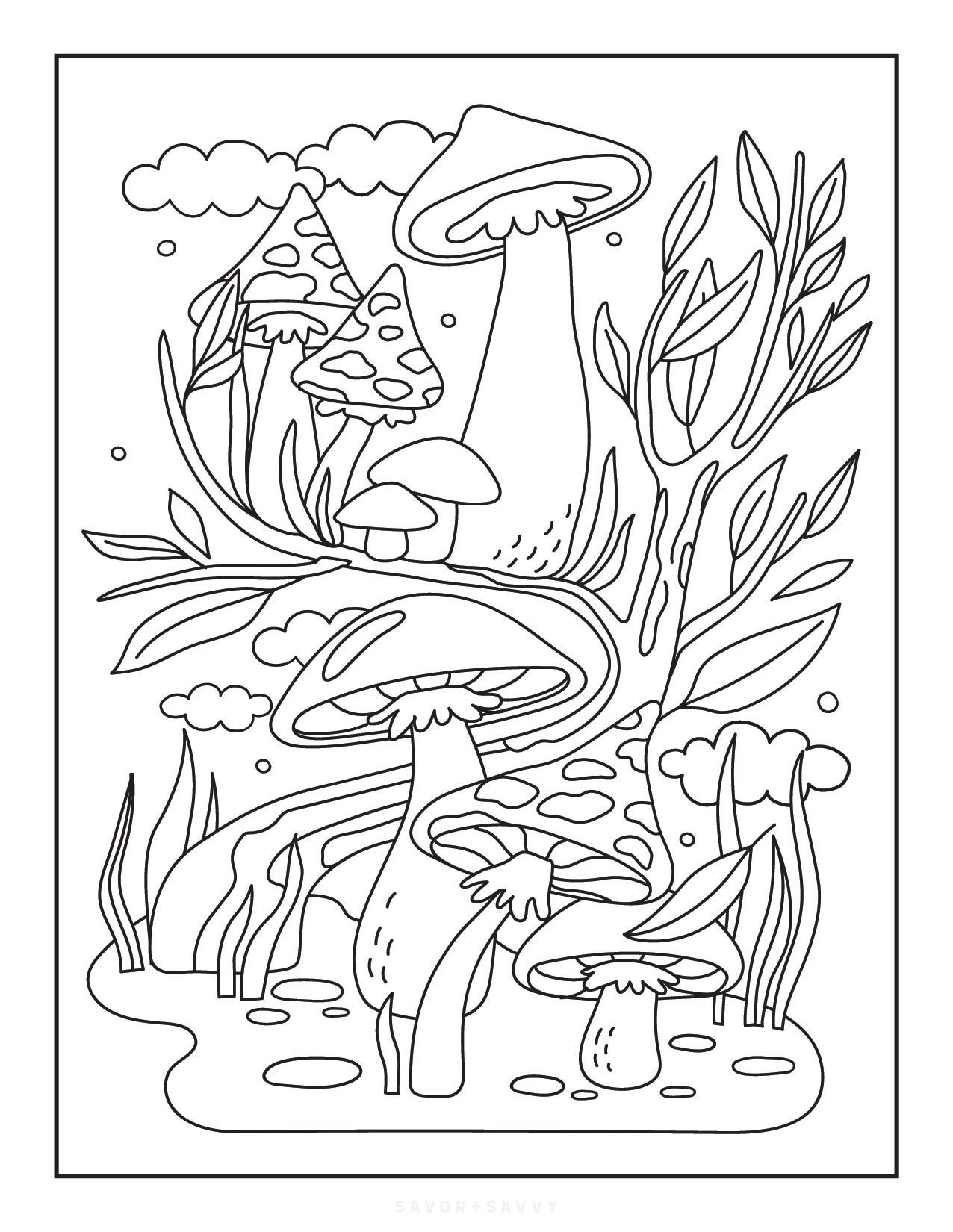 Image of Cute Mushrooms Free Printable Coloring Book Cover For Teens.