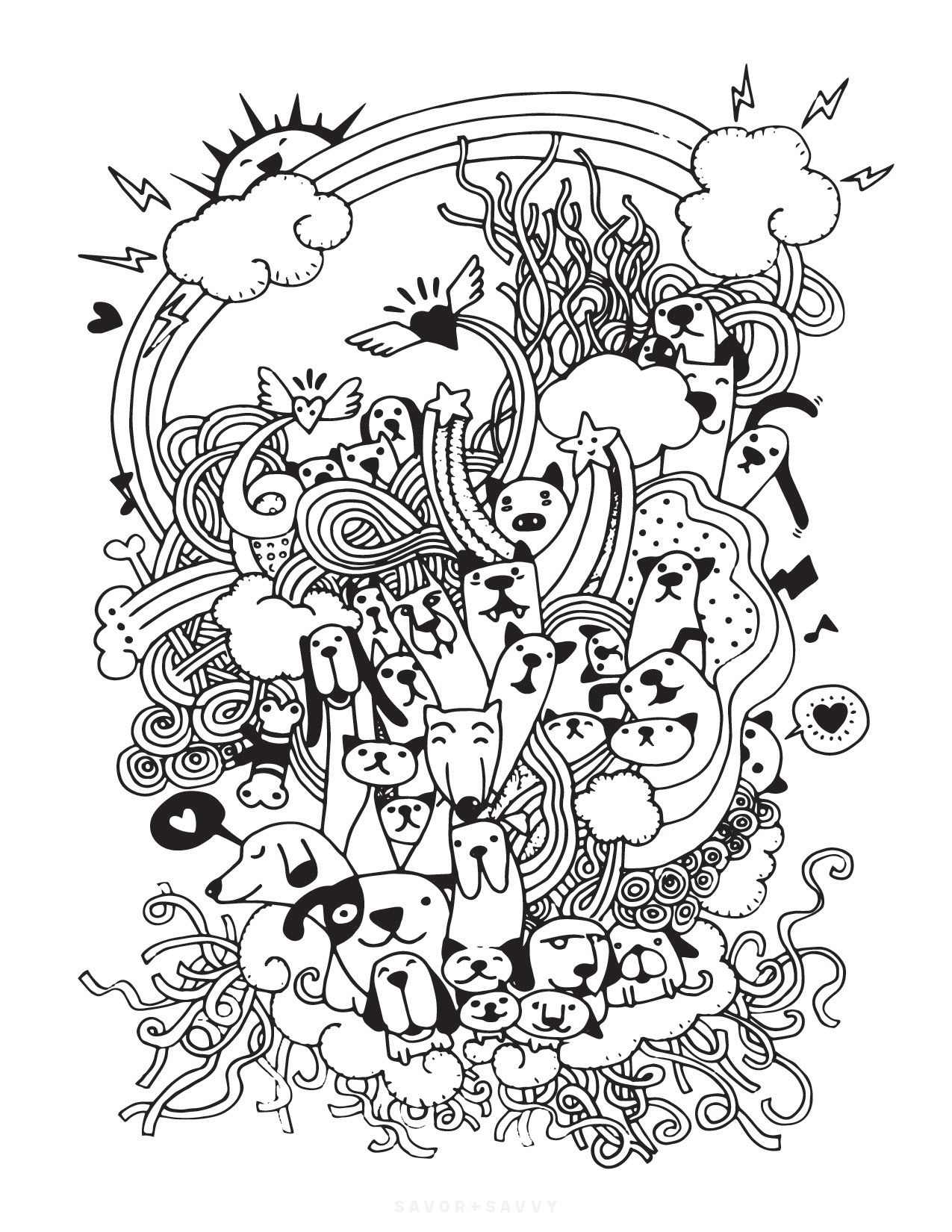 Image of Doodle Cats & Dogs Free Printable Zendoodle Coloring Page.