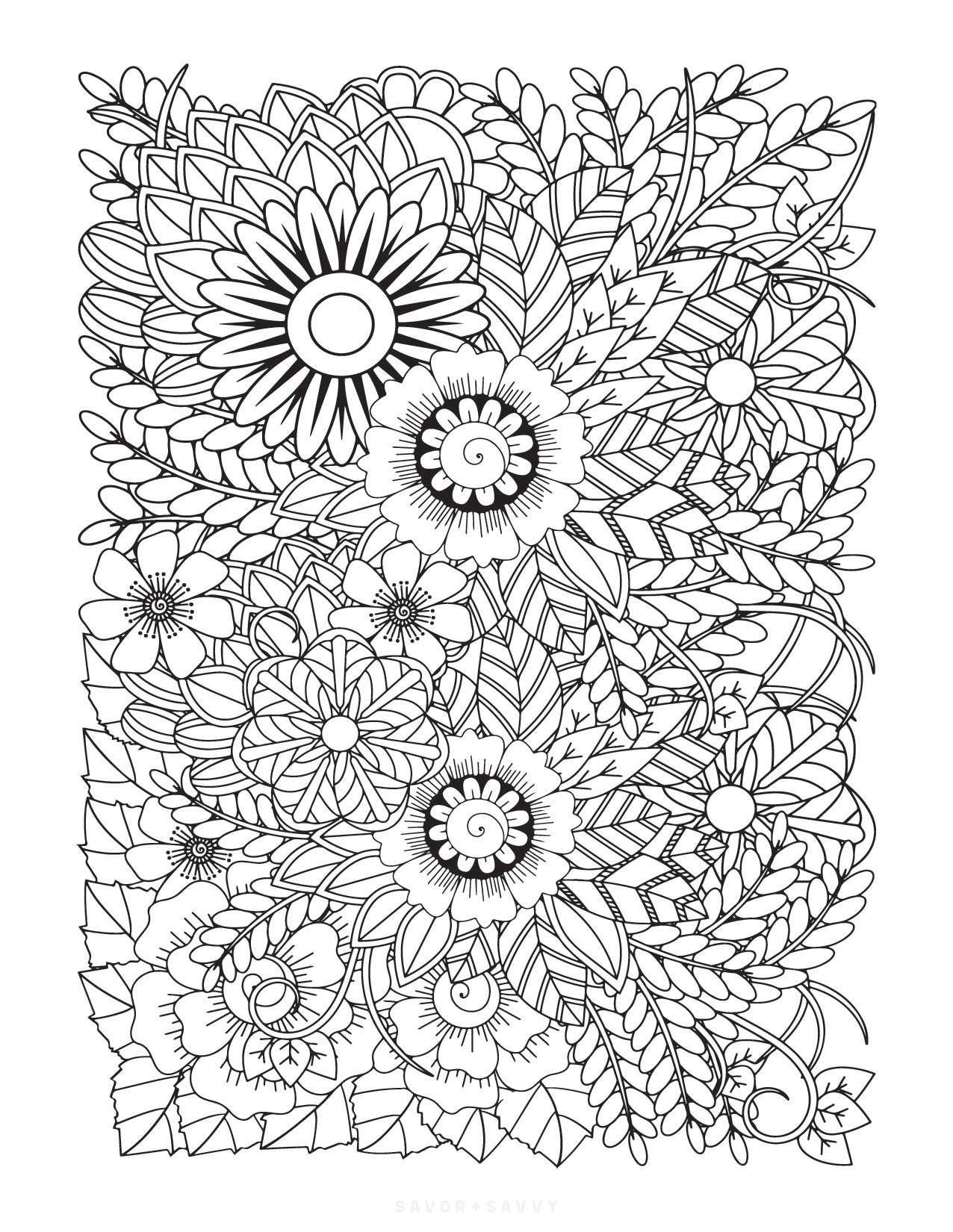 Image of Floral Zentangle Free Printable Zendoodle Coloring Page.