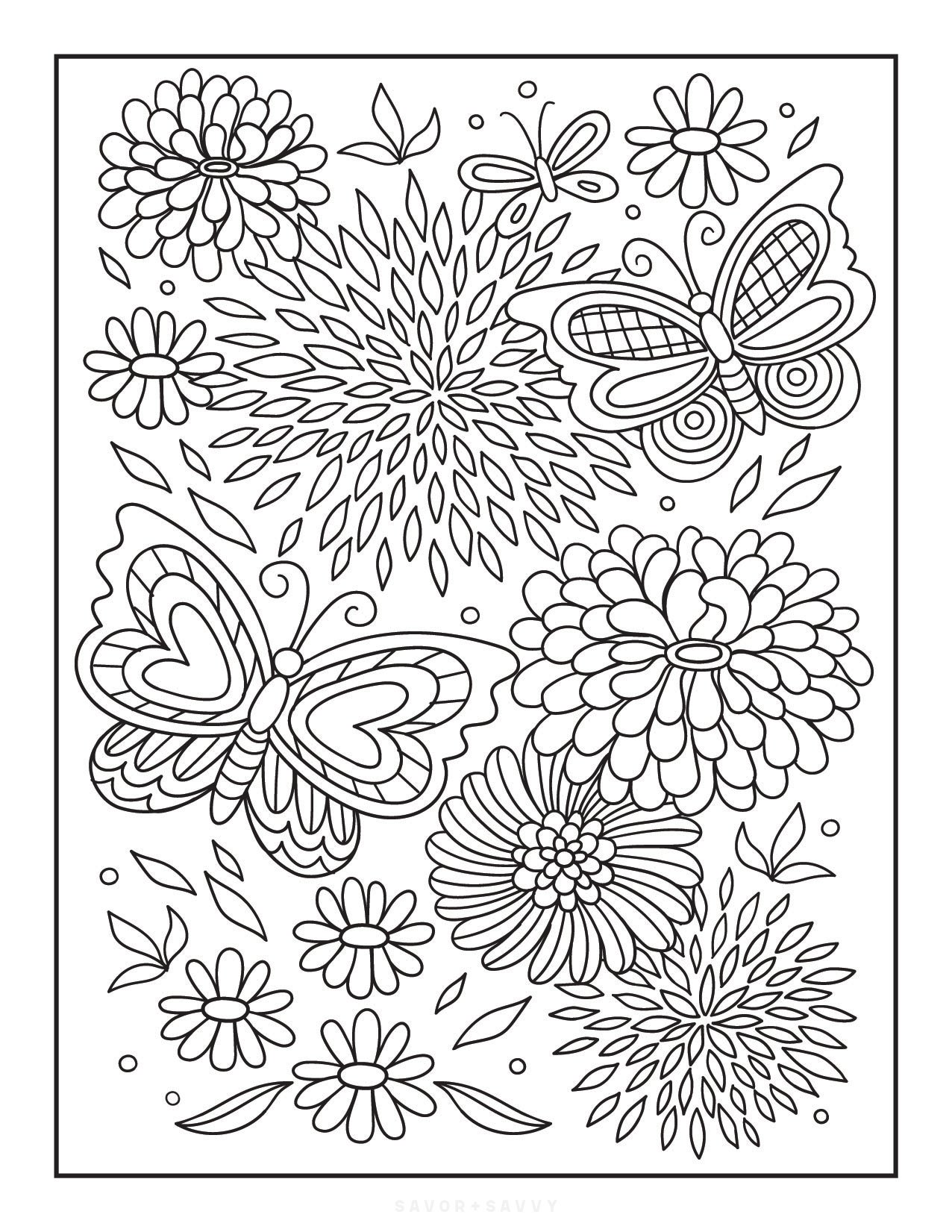 Image of Flowers & Butterflies Free Printable Coloring Book Cover For Teens.