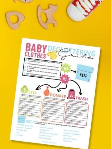 Top view of free printable baby clothes decluttering guide on yellow background next to bay shoes and toys.