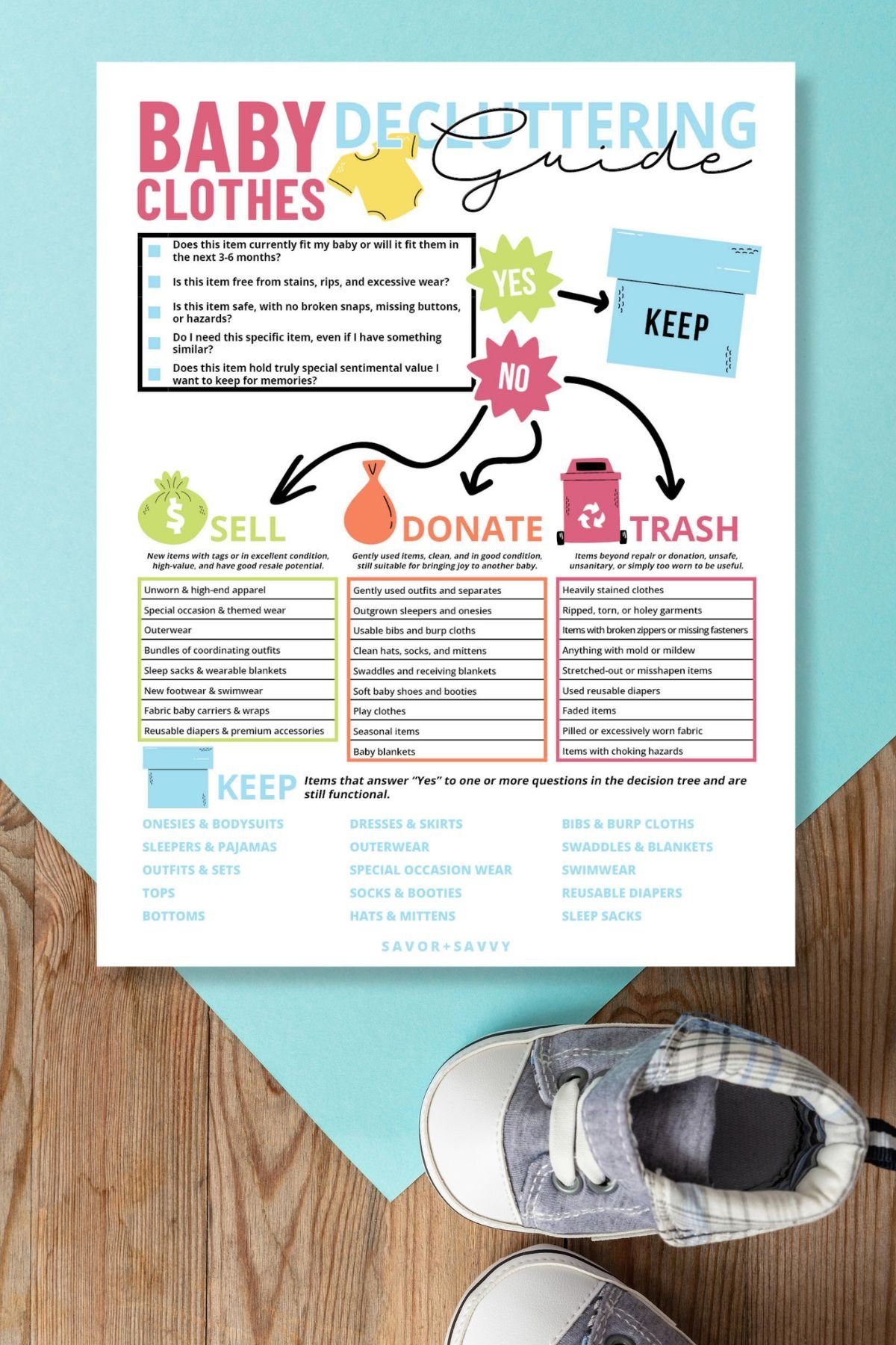 Baby clothes decluttering guide free printable on blue and wood textured background next to baby shoes.