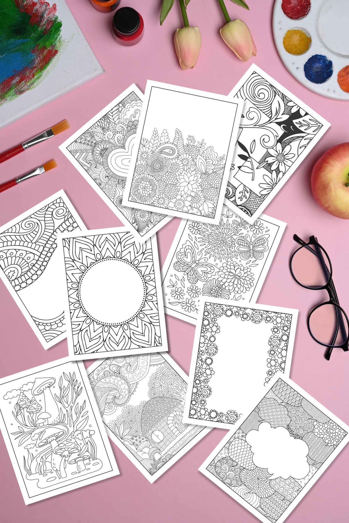 Image of Free Printable Coloring Book Covers For Teens on pink background.