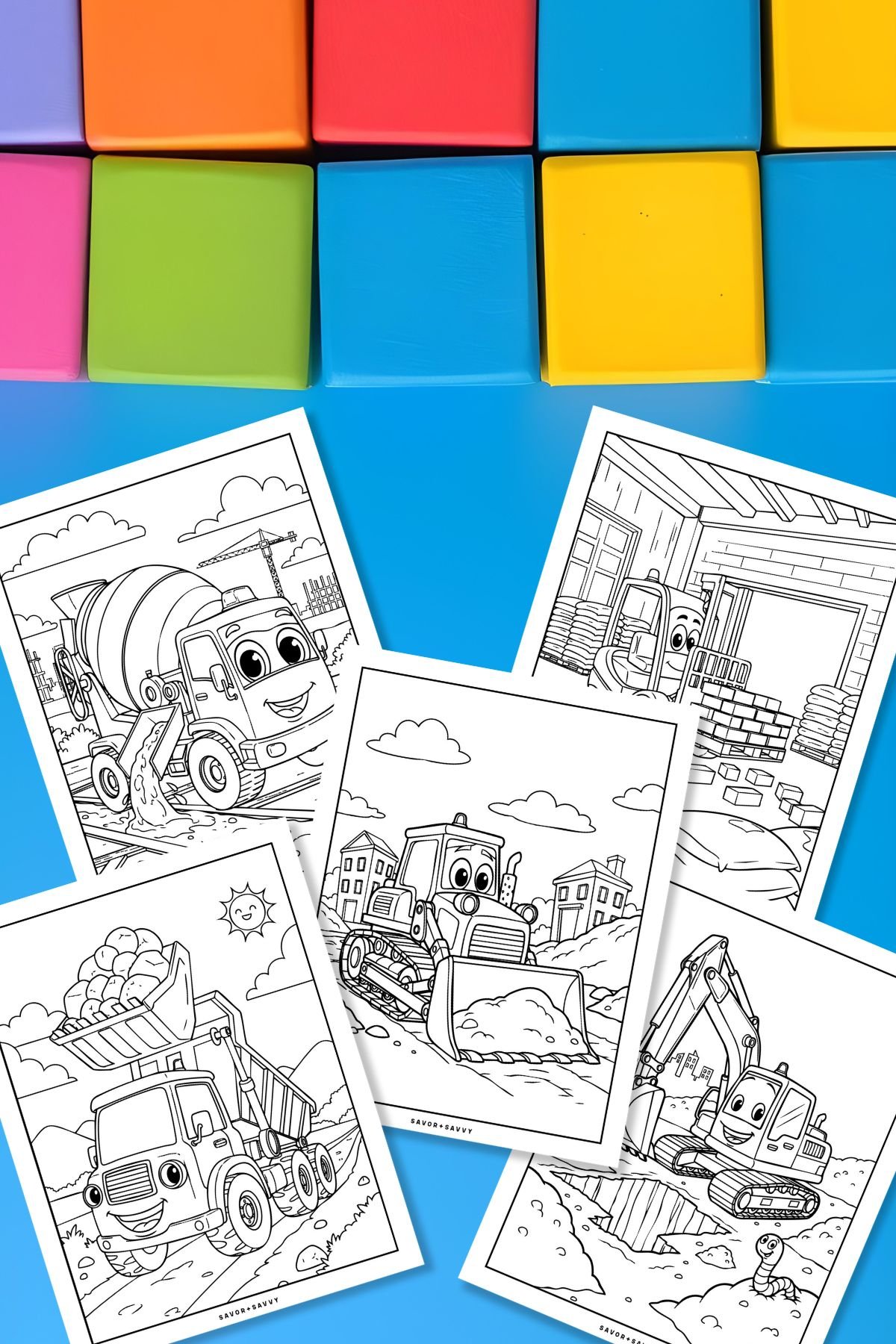 Image of Free Printable Construction Coloring Pages For Boys on blue background.