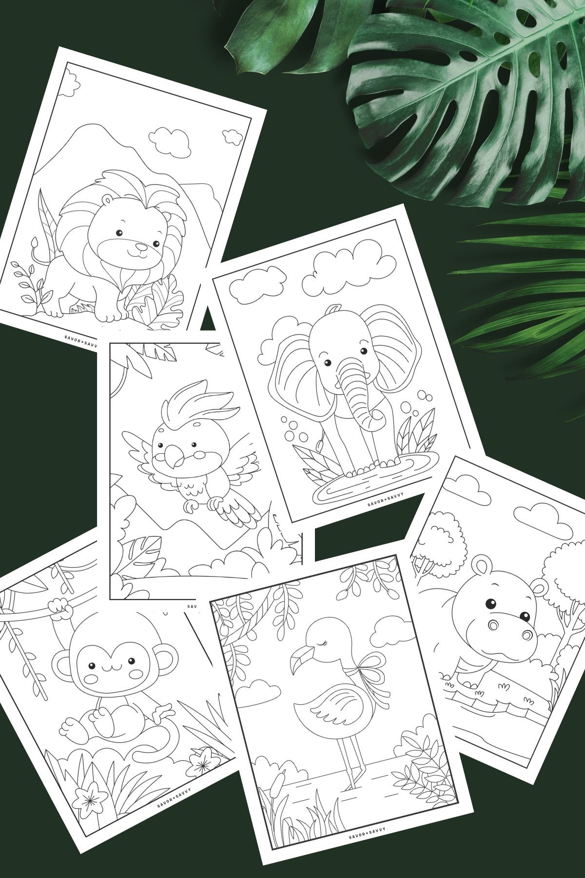 Image of Free Printable Jungle Animals Coloring Pages For Toddlers on green background.
