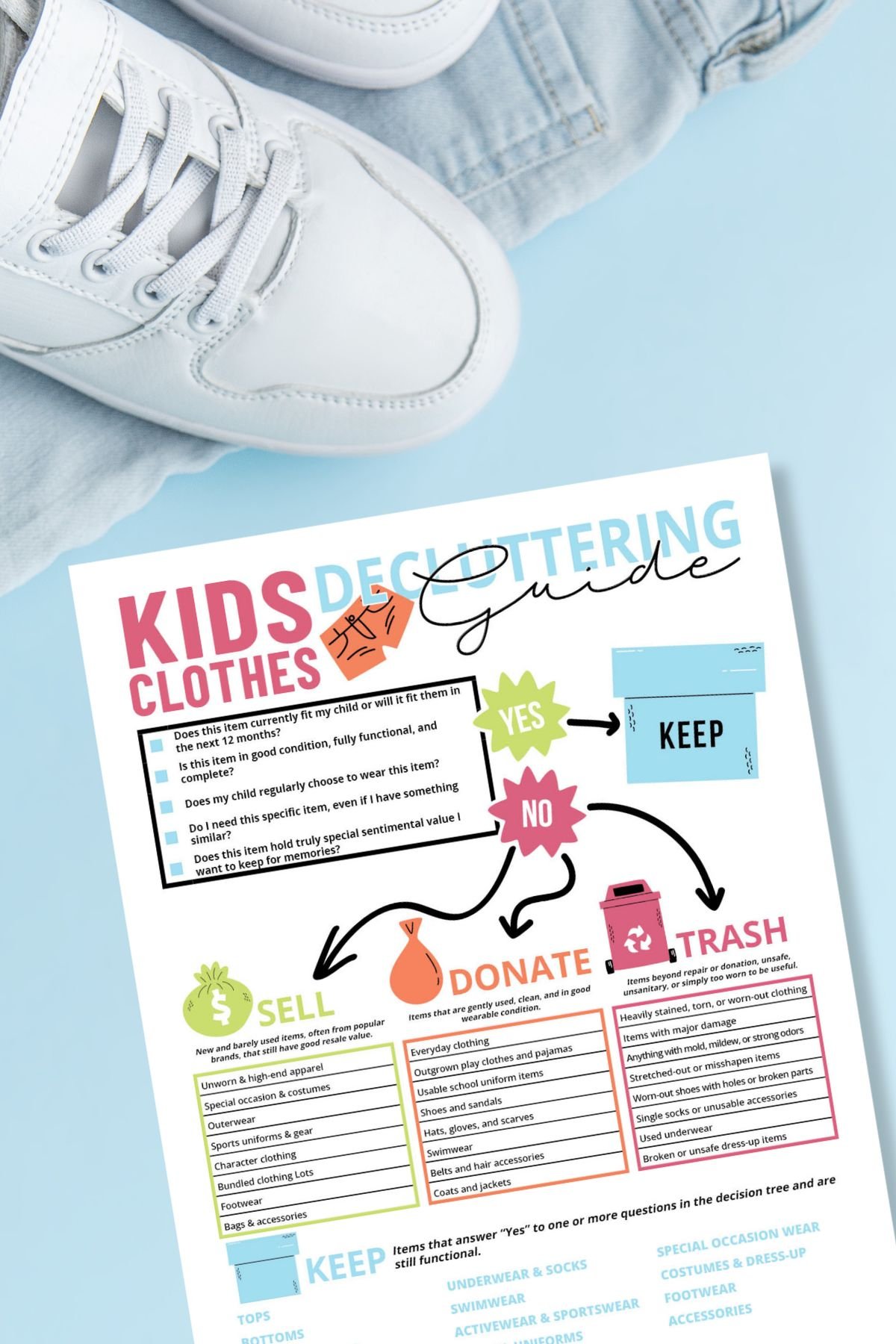 Free printable kids clothes decluttering guide on blue background next to sneakers and blue jeans.
