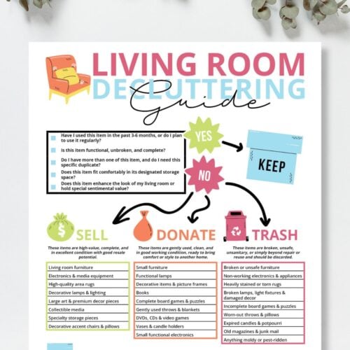 Living room decluttering guide free printable worksheet on light grey background with flowers at the top.