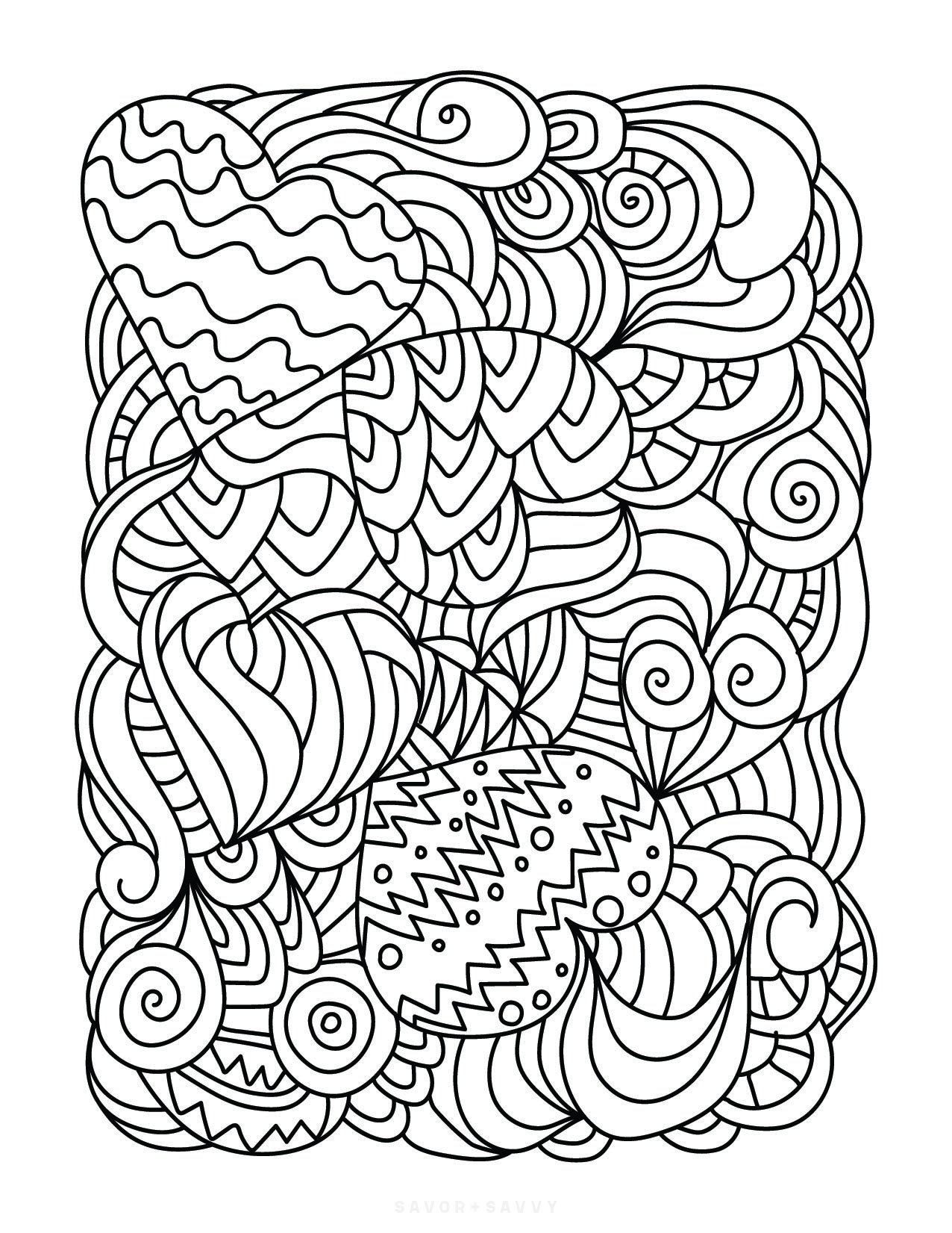 Image of Hearts & Waves Free Printable Zendoodle Coloring Page.
