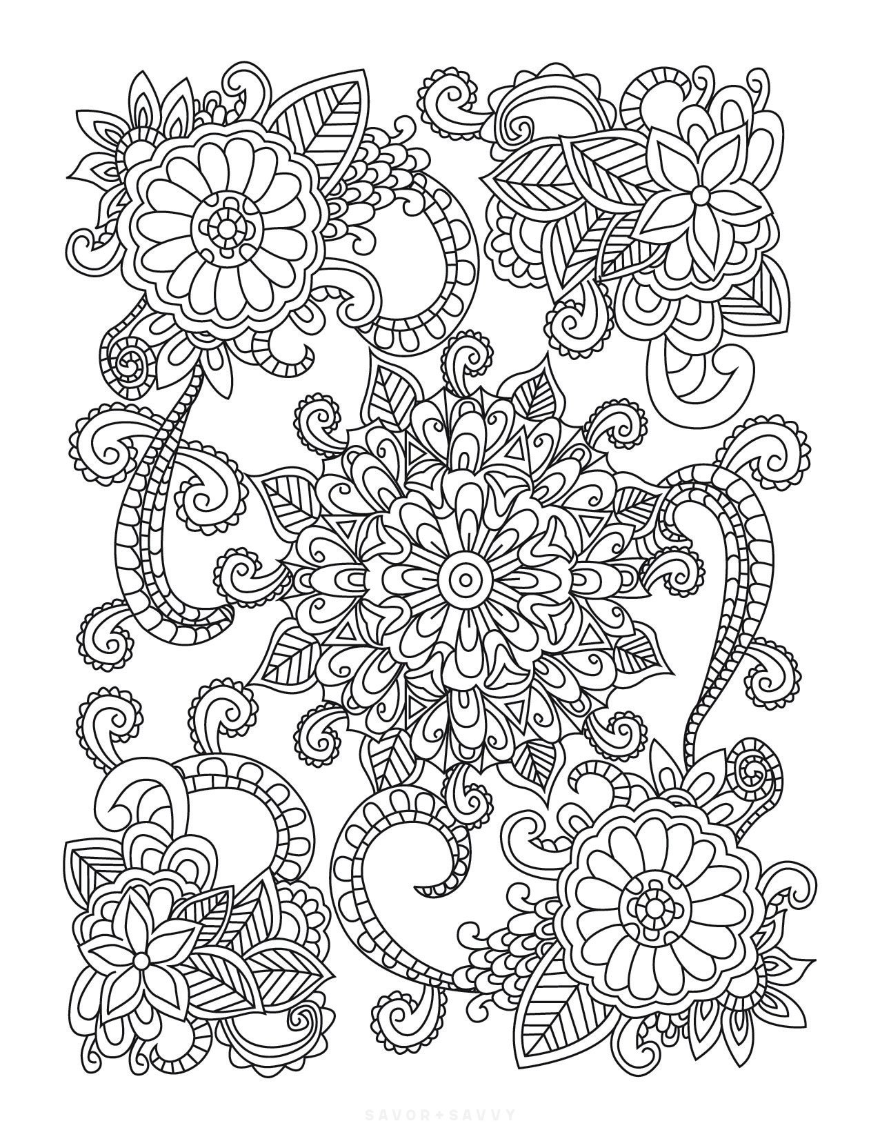 Image of Mandala Flowers 2 Free Printable Zendoodle Coloring Page.
