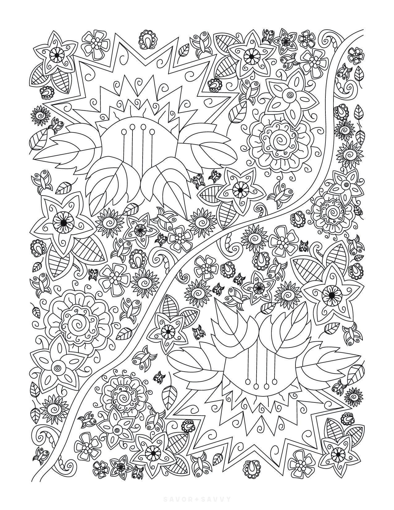 Image of Mandala Flowers Free Printable Zendoodle Coloring Page.