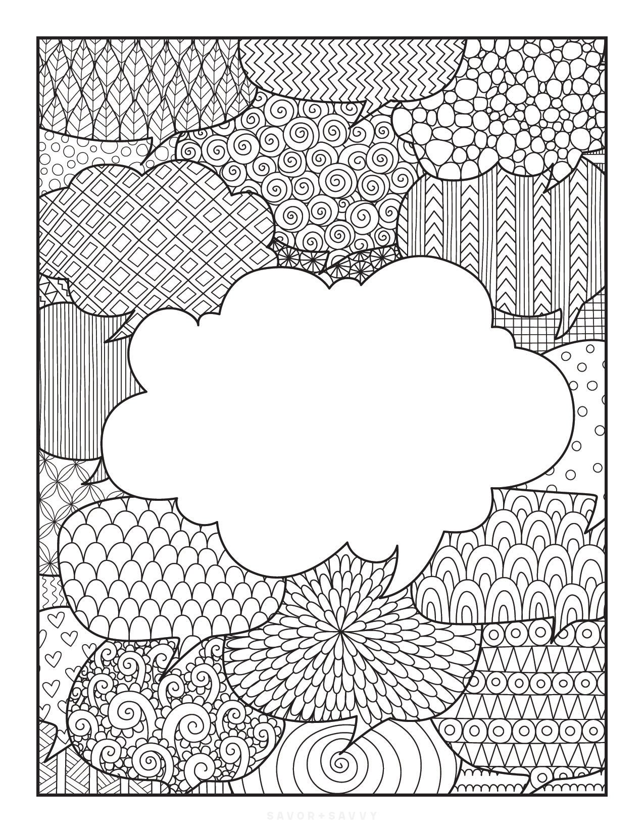Image of Speech Bubbles Free Printable Coloring Book Cover For Teens.