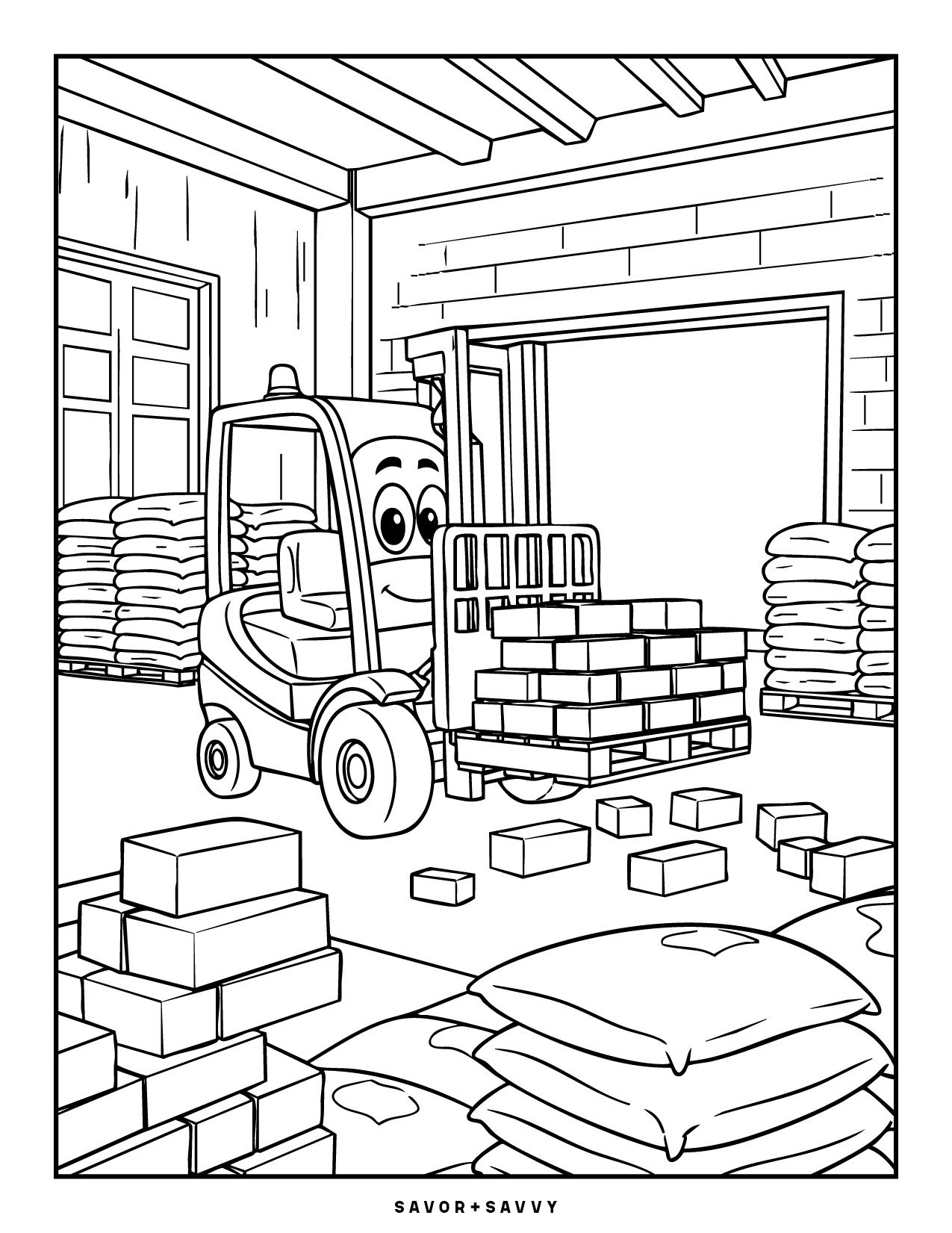 Image of The Zippy Forklift Free Printable Construction Coloring Page For Boys.