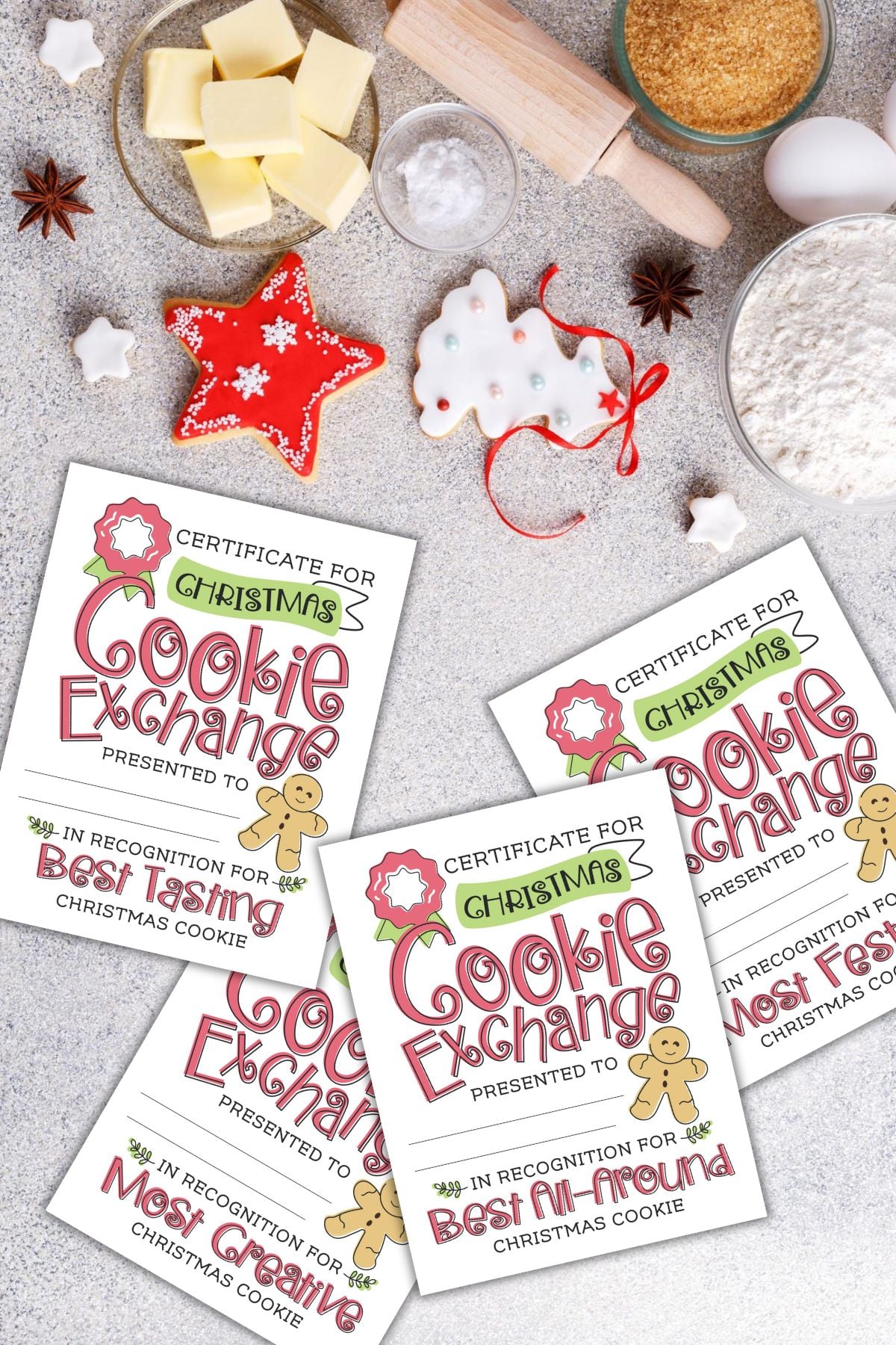 4 free printable Christmas cookie exchange award certificates.