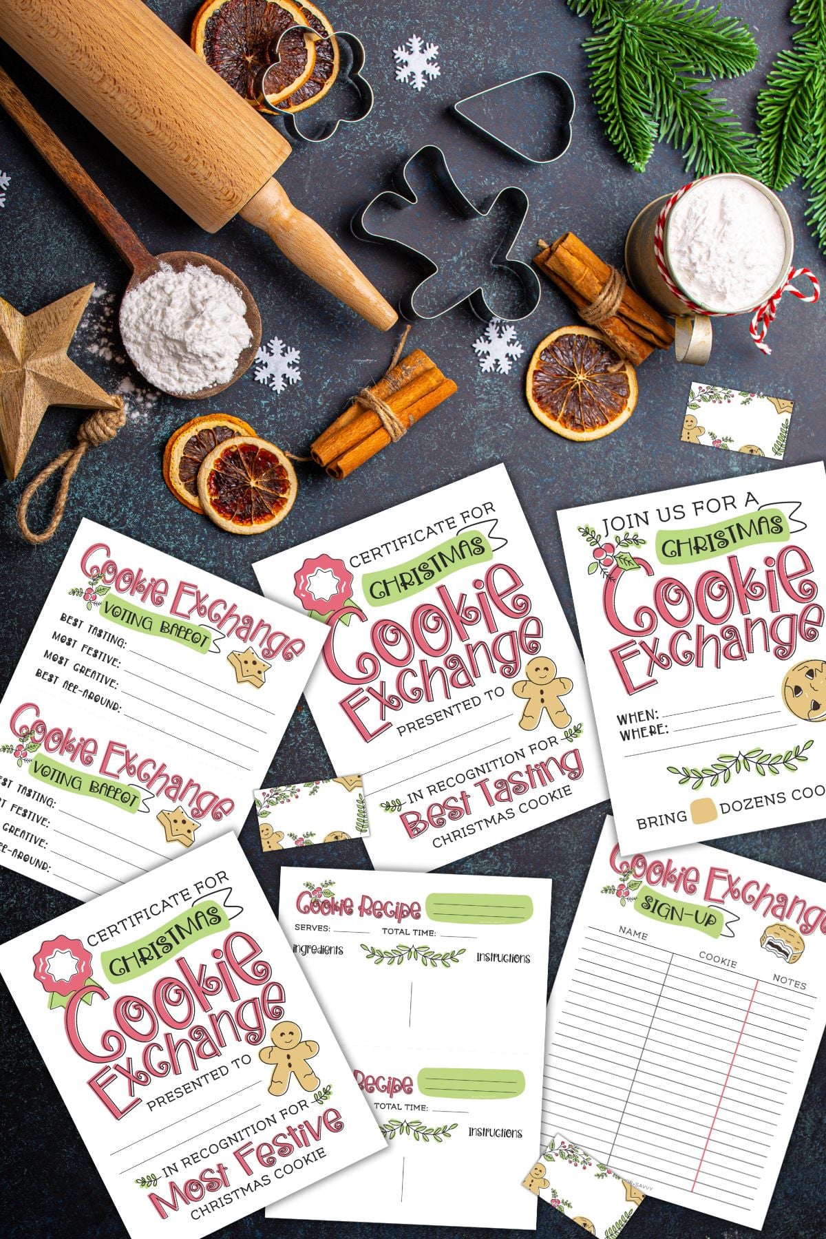 Free Christmas cookie exchange printables on a black table next to baking supplies and Christmas decor.