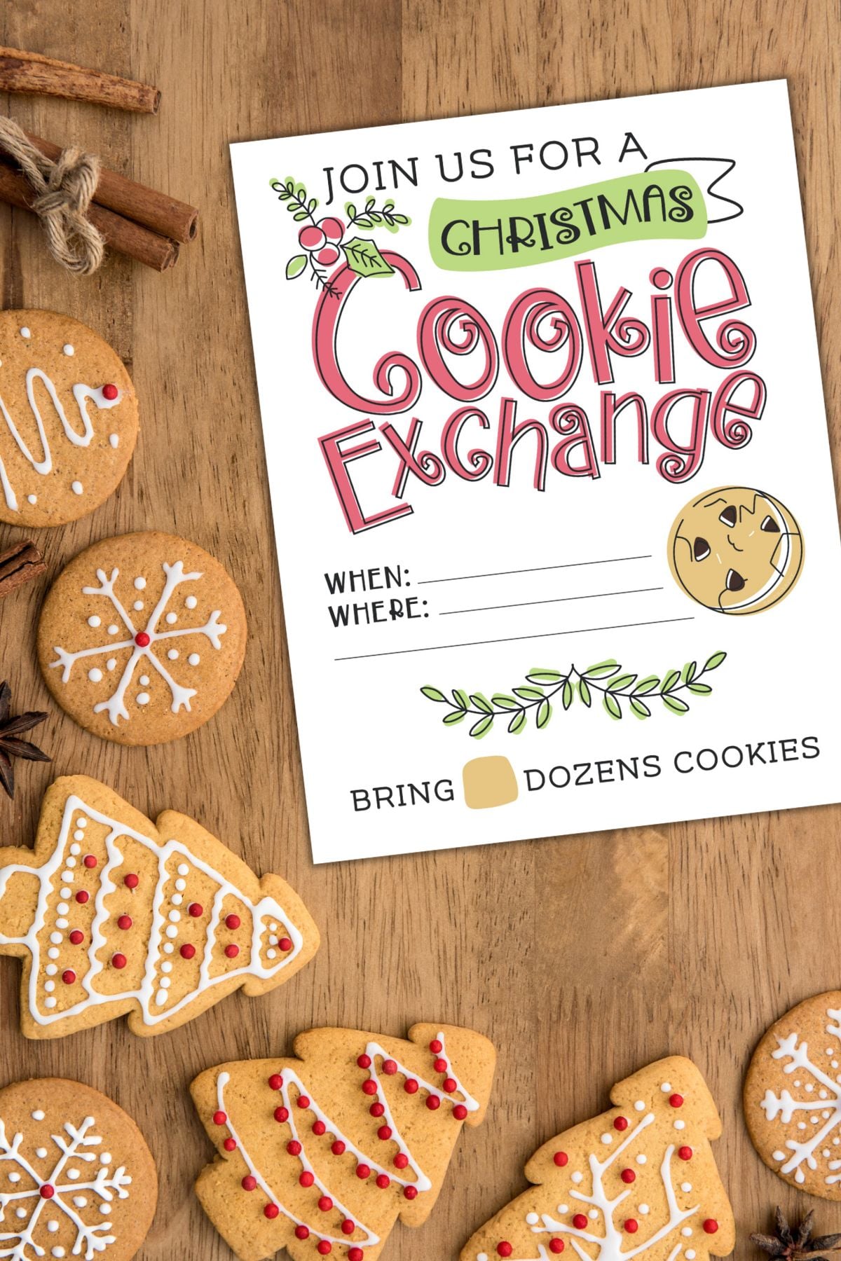 Free printable Christmas cookie exchange invitation on a wooden table.