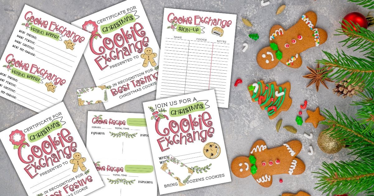 Free Christmas cookie exchange printables next to gingerbread cookies.