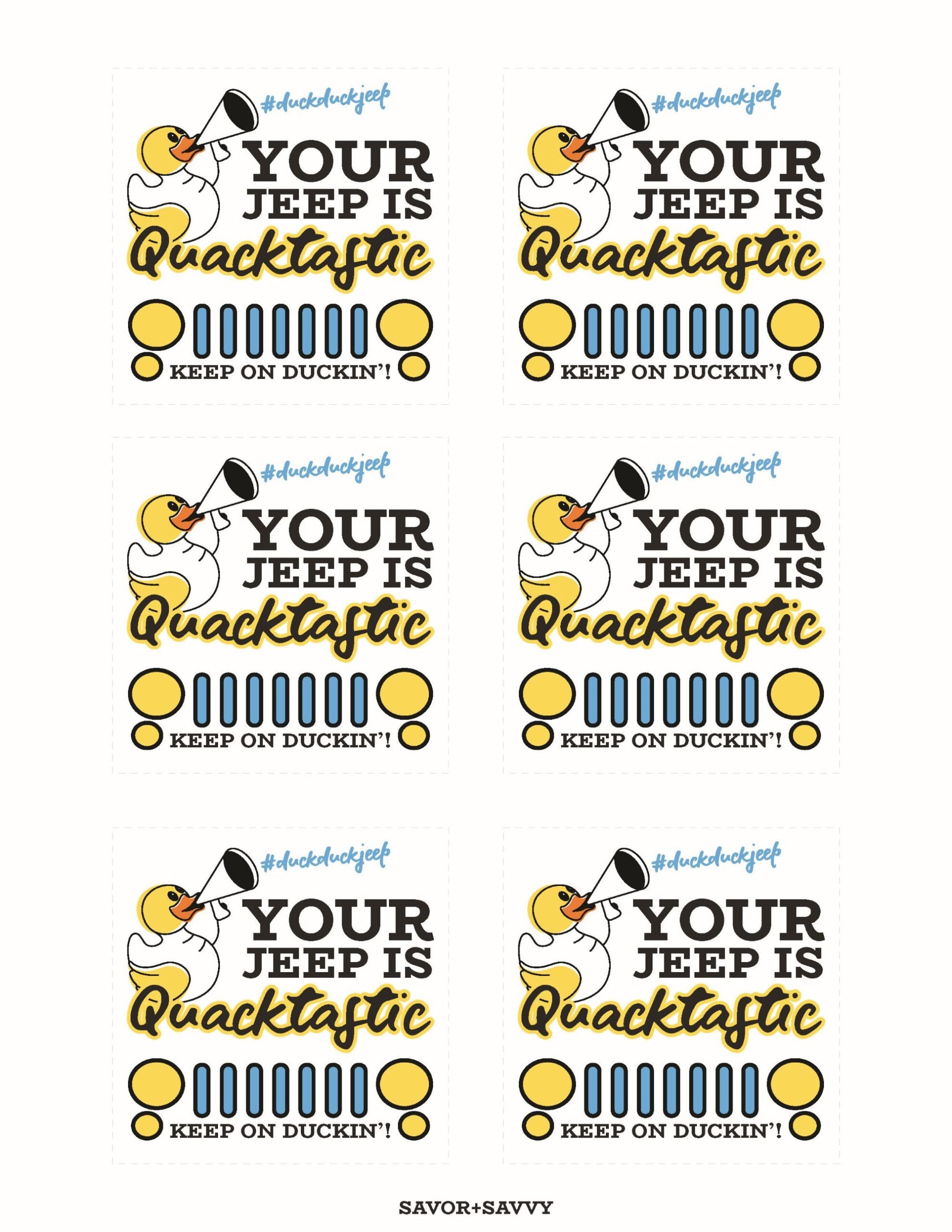 printable sheet with six your jeep is quacktastic tags used for ducking jeep wranglers.