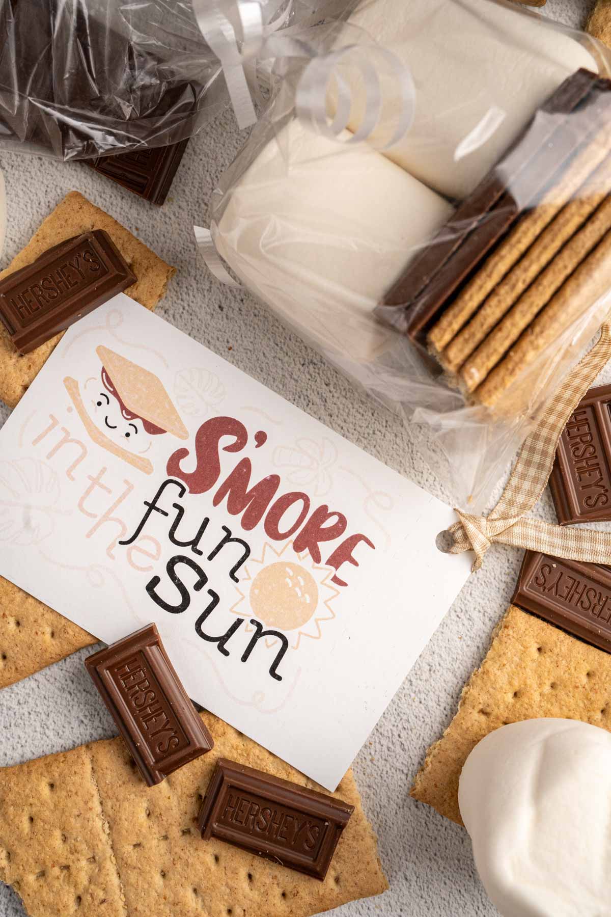 Top view of "S'more fun in the sun" gift tag next to ingredients for S'mores gift bags.