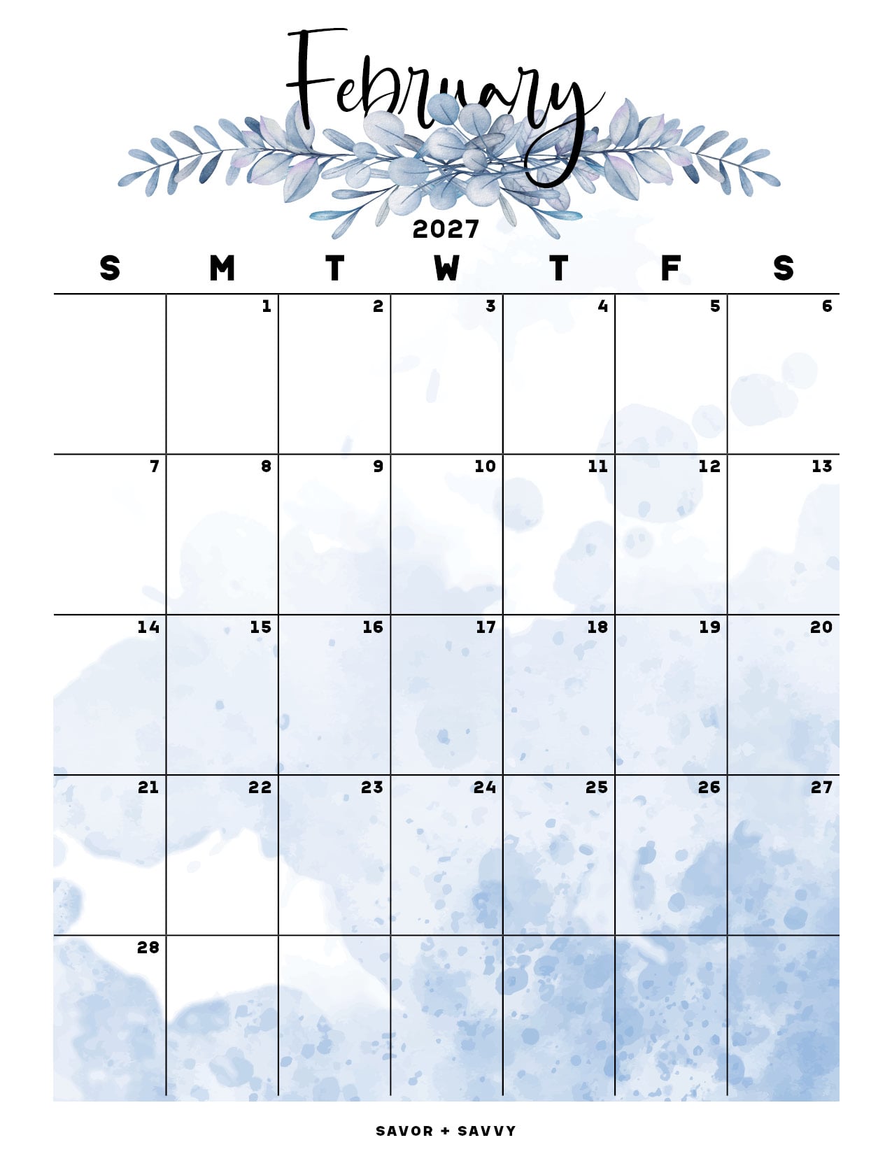 one 8.5" x 11" sized sheet showing the month of February, 2027 with a light blue foliage header and a blue watercolor splatter behind the days.
