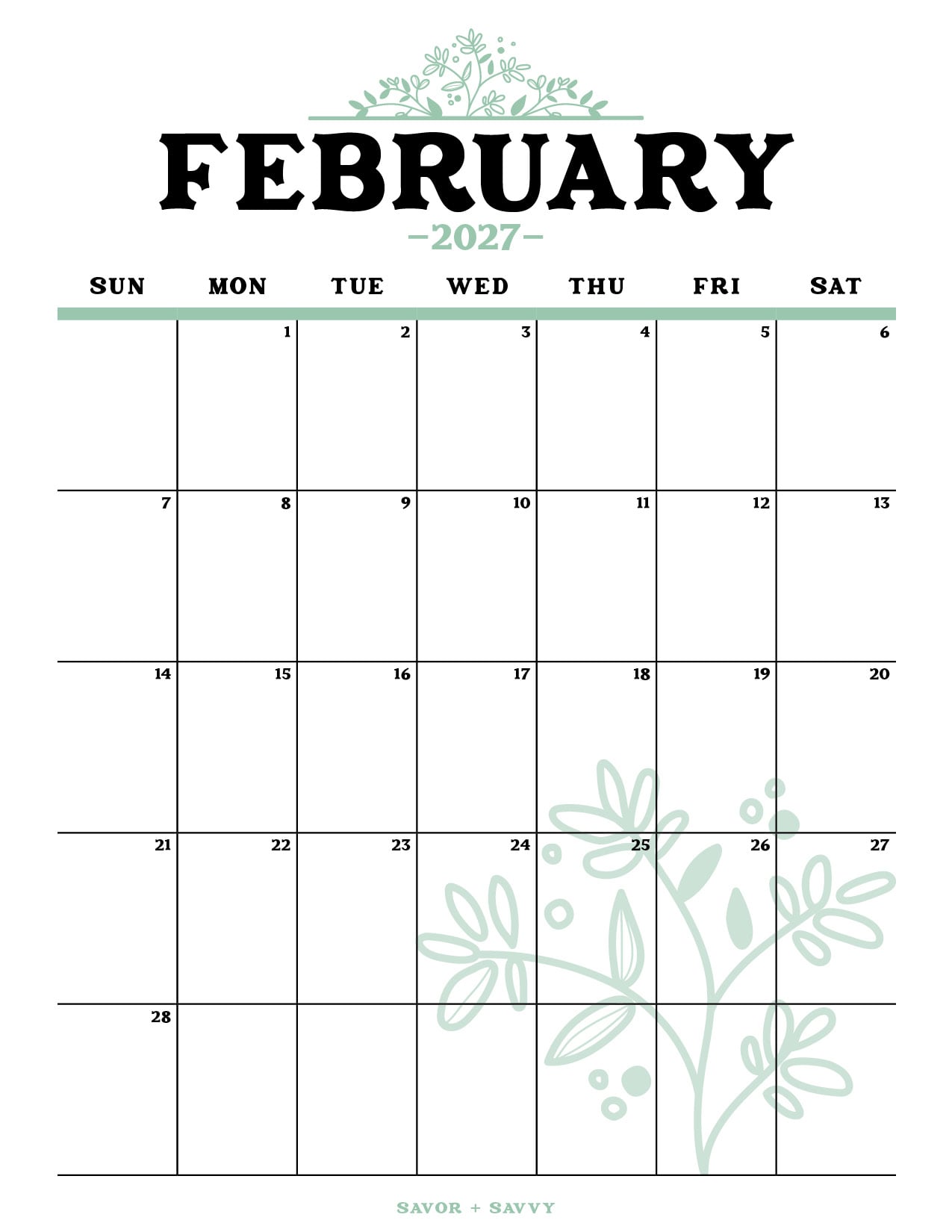 simple light green botanical pattern overlaid on the month of Feb 2027 calendar page.