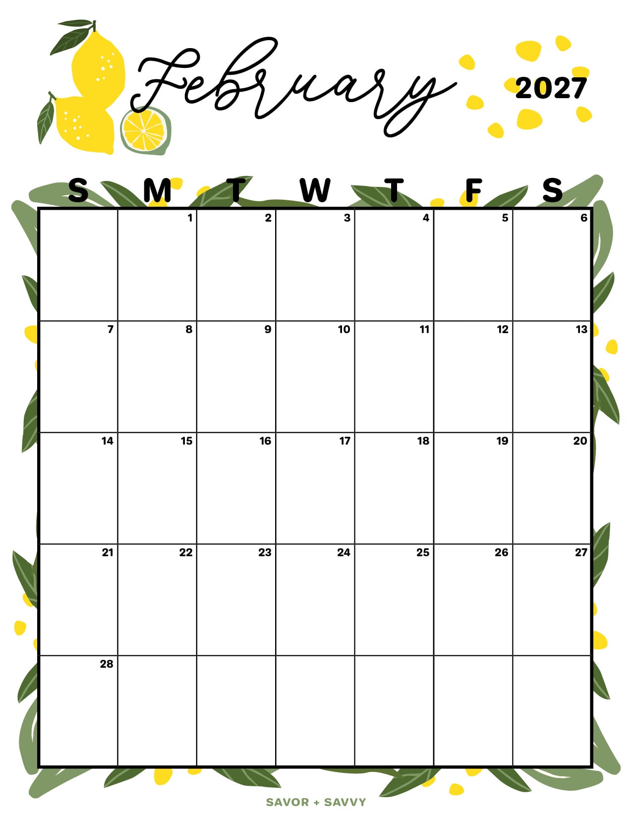 bright yellow lemons and dark green lemon tree foliage surrounding the grid of the month of february 2027 calendar.