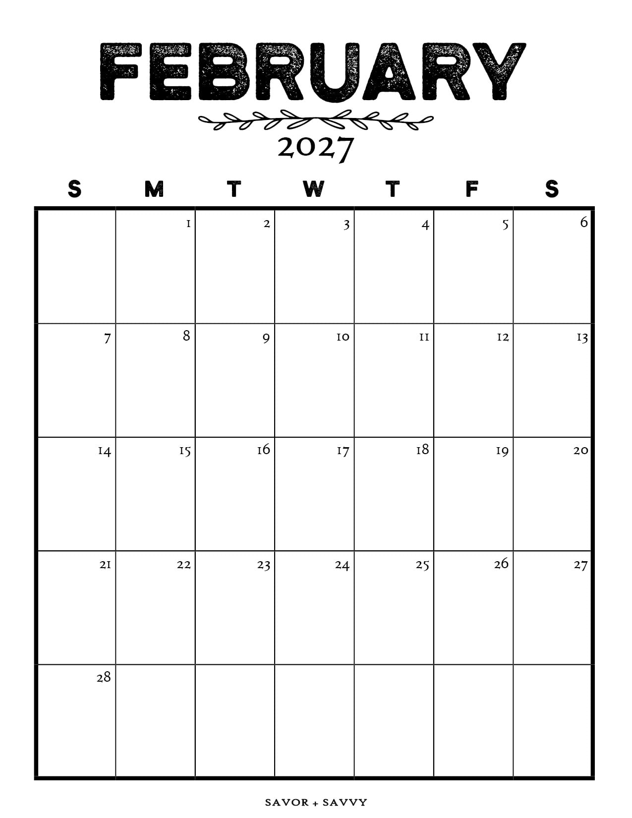 simple black and white farmhouse calendar page for February, 2027.