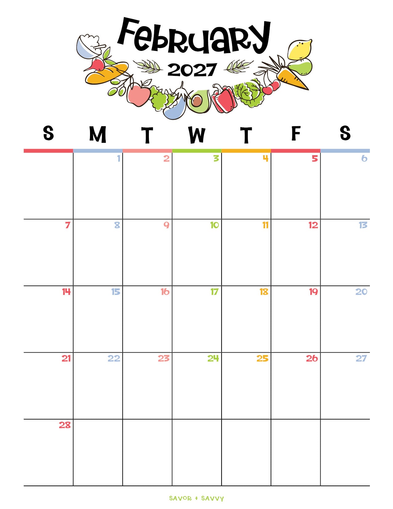several cartoon foods on the header of the month of February 2027 calendar page.