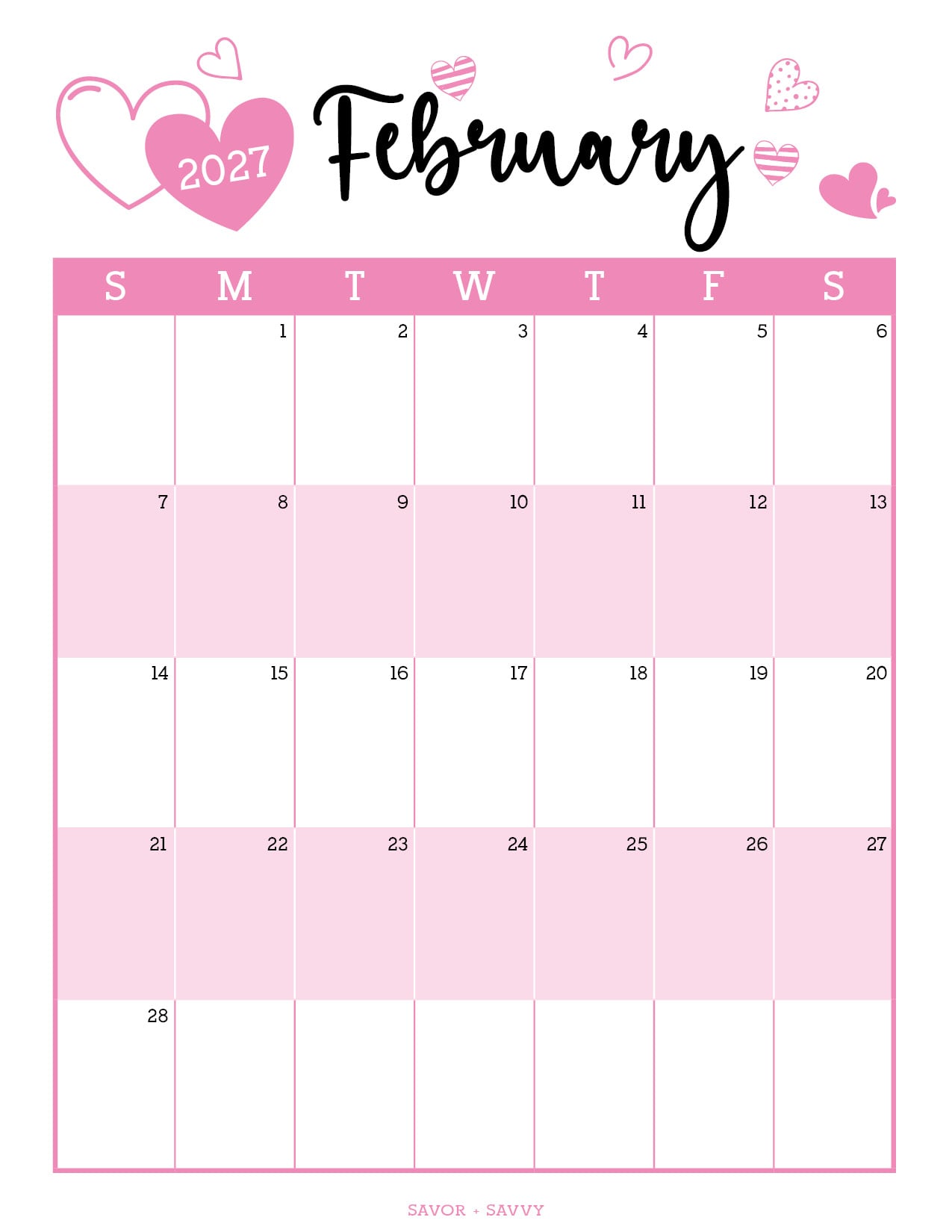 soft pinks and hearts are the theme of this calendar design for the month of February, 2027.