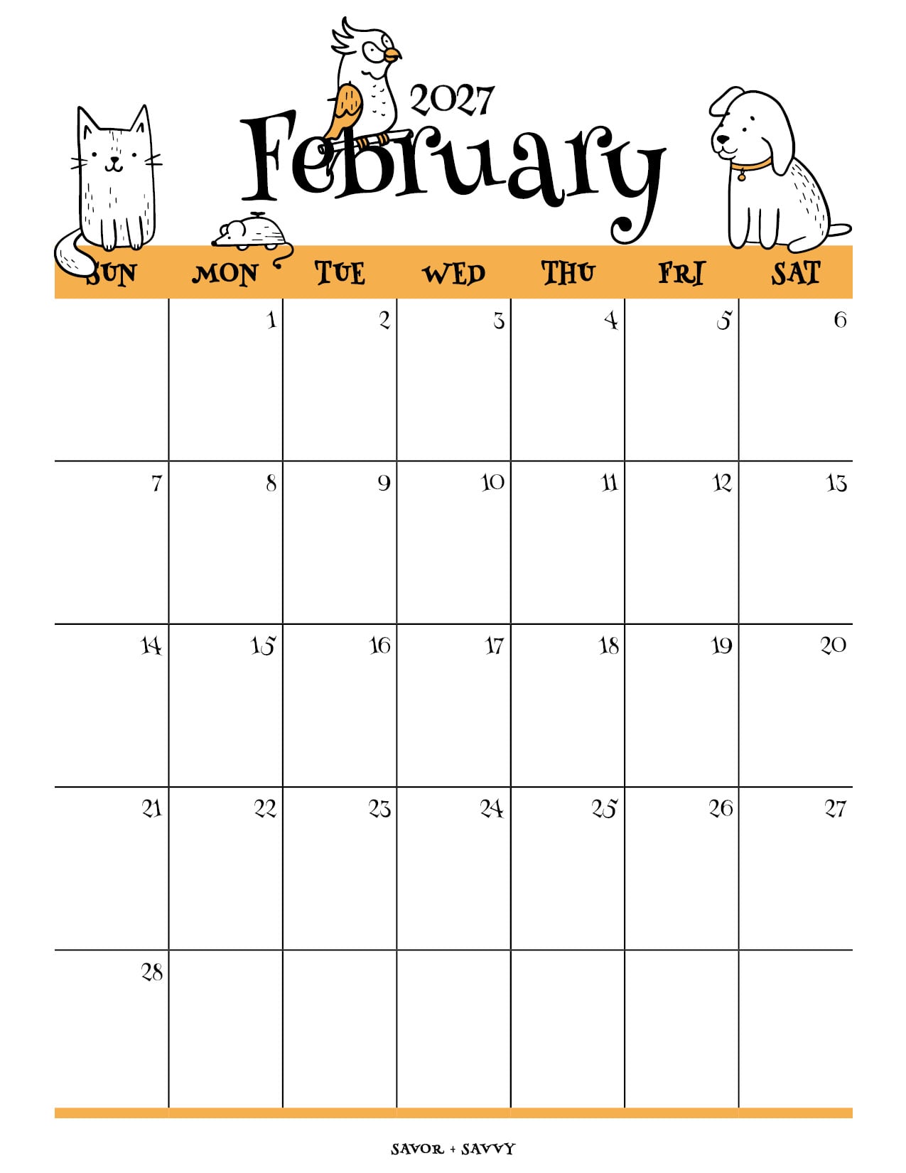 black and white line drawings of pets decorate this February 2027 calendar page.