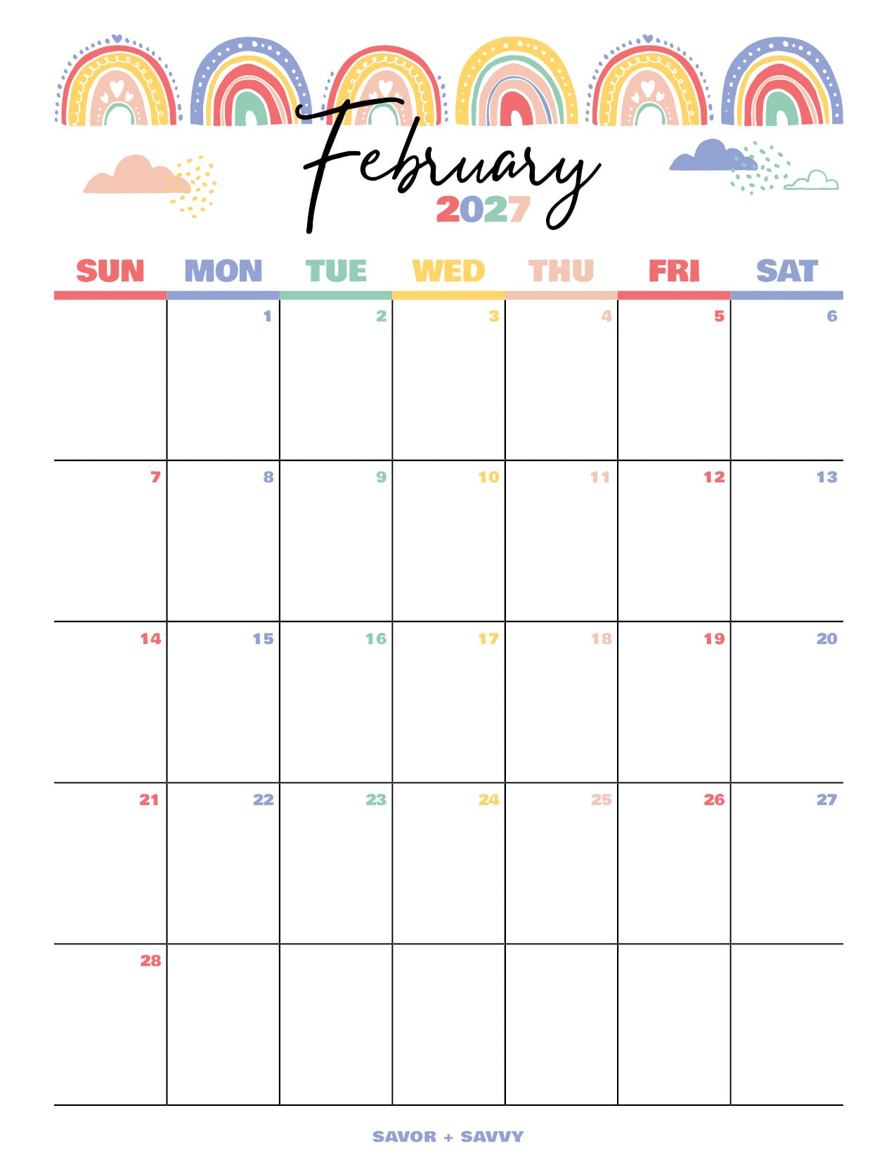 whimsical rainbows and colorful day labels highlight this February 2027 calendar design.