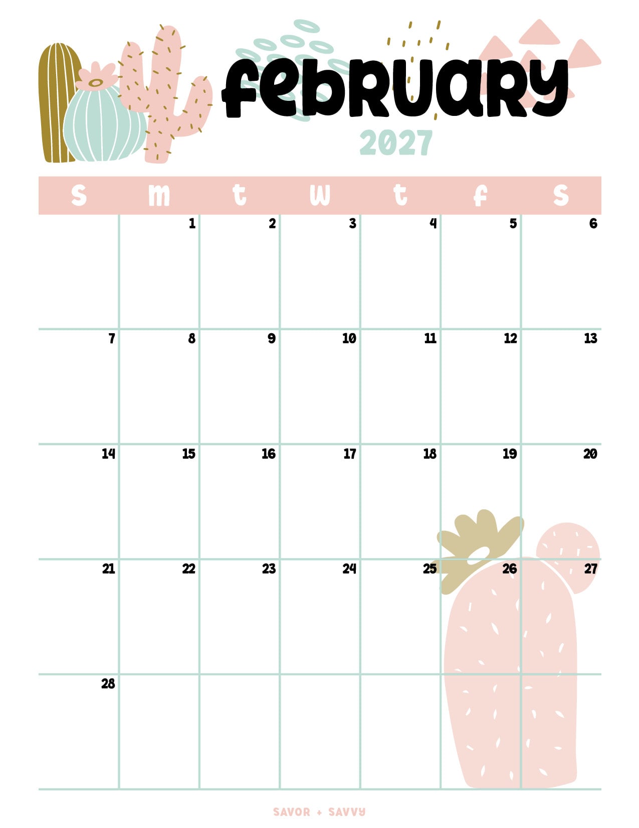pastel. whimsical succulents are the star of this calendar design for February.