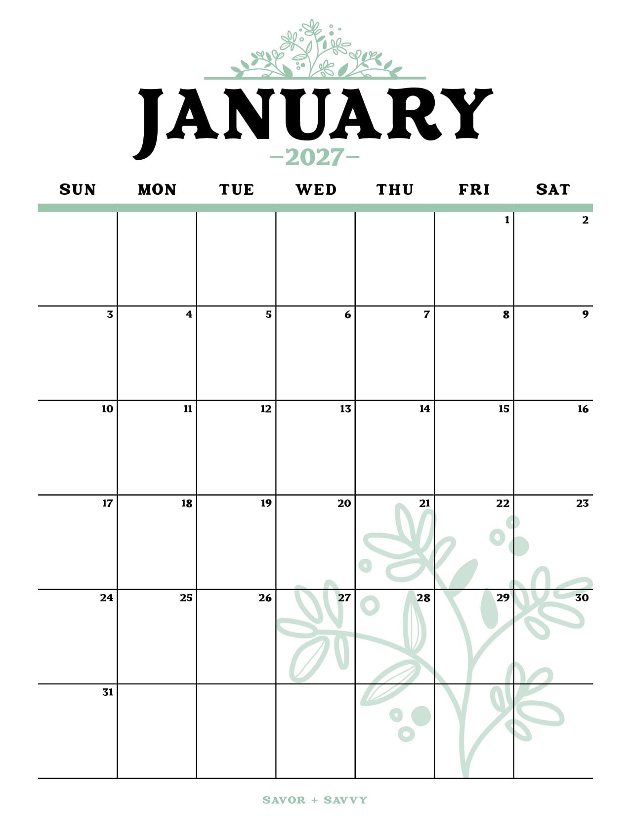 pastel green botanical foliage is in the header of this january 2027 printable calendar.