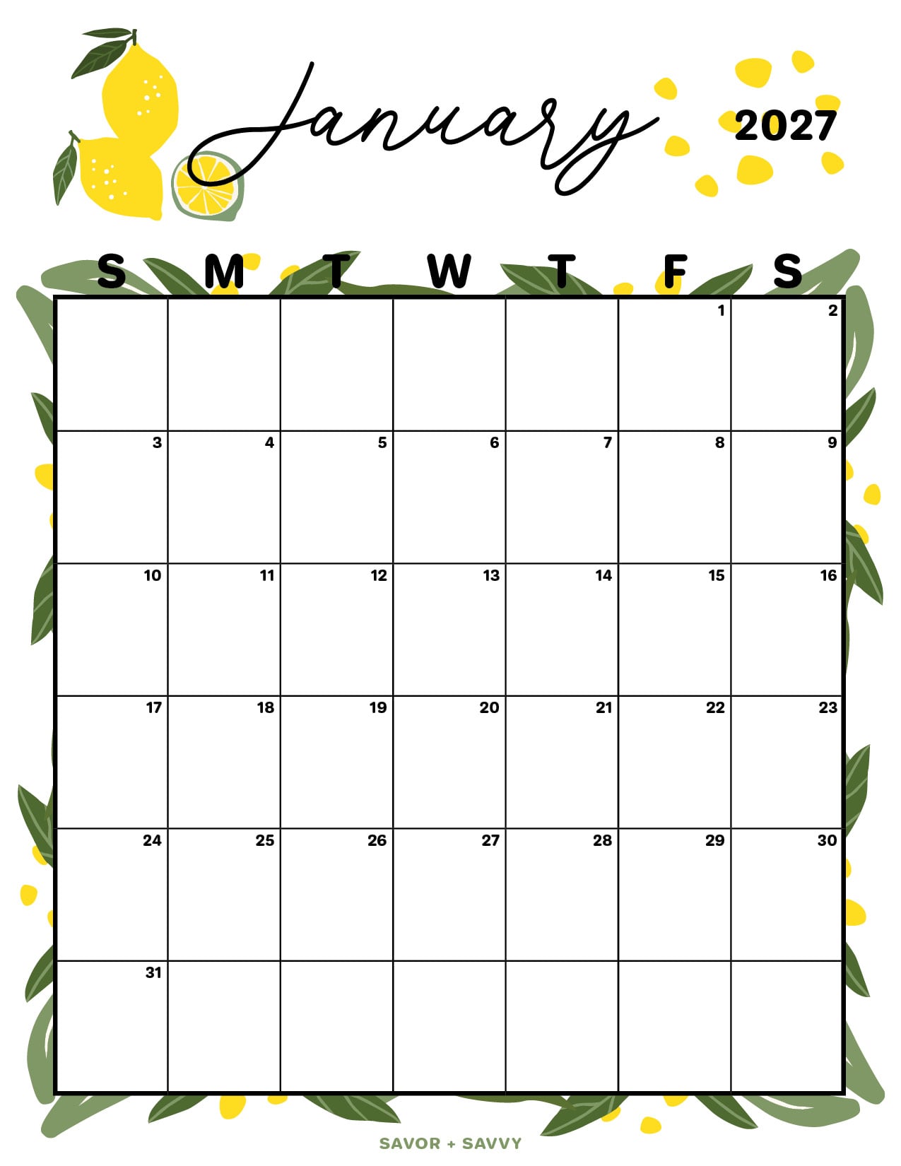 bright yellow lemons and green citrus foliage decorate this january 2027 calendar page.
