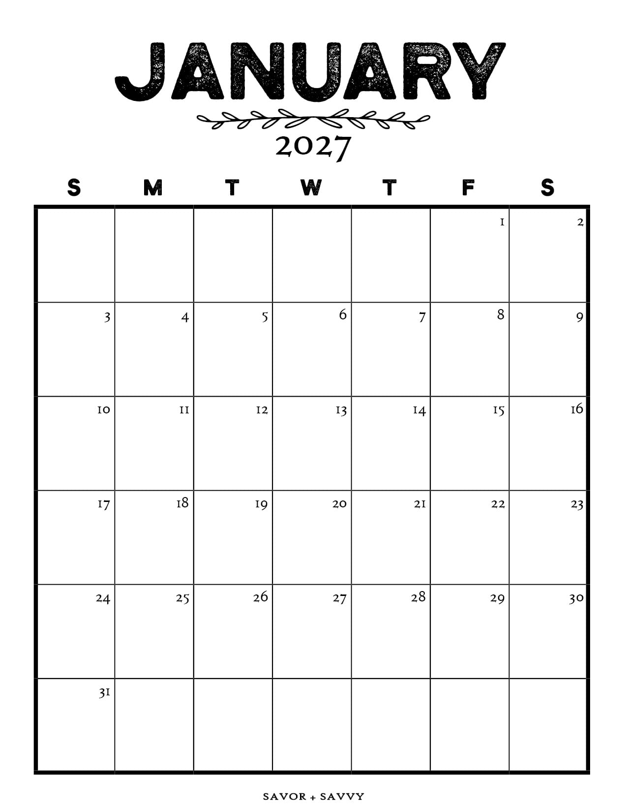 simple black and white calendar page with a farmhouse font and clean lines.
