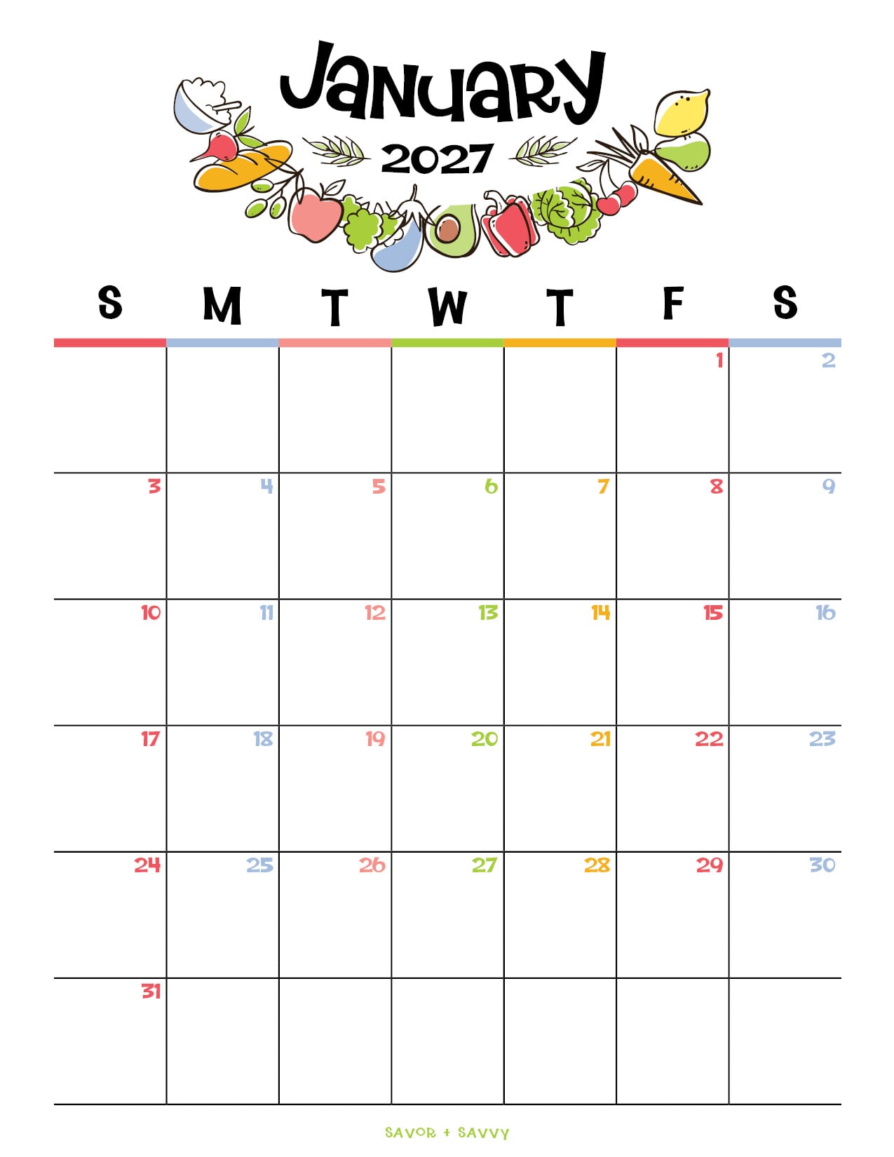 january 2027 calendar page with various fresh fruits and vegetables along the header.