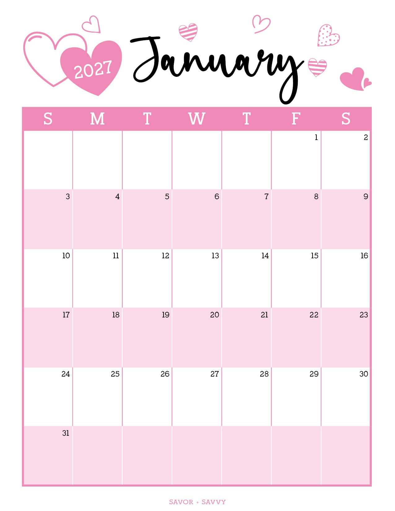 adorable pink calendar page featuring pink hearts and a whimsical header.