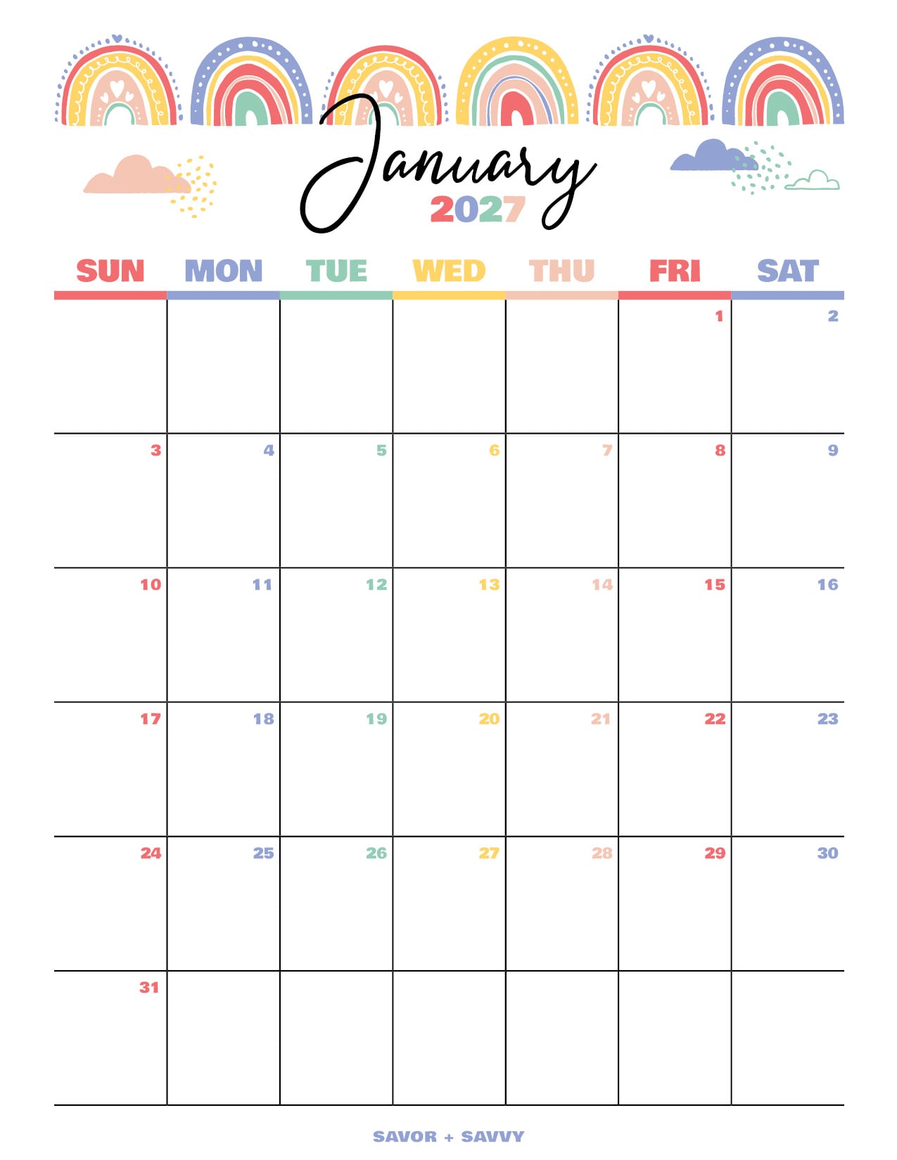 rainbow themed calendar for Jan 2027 that is a free printable.