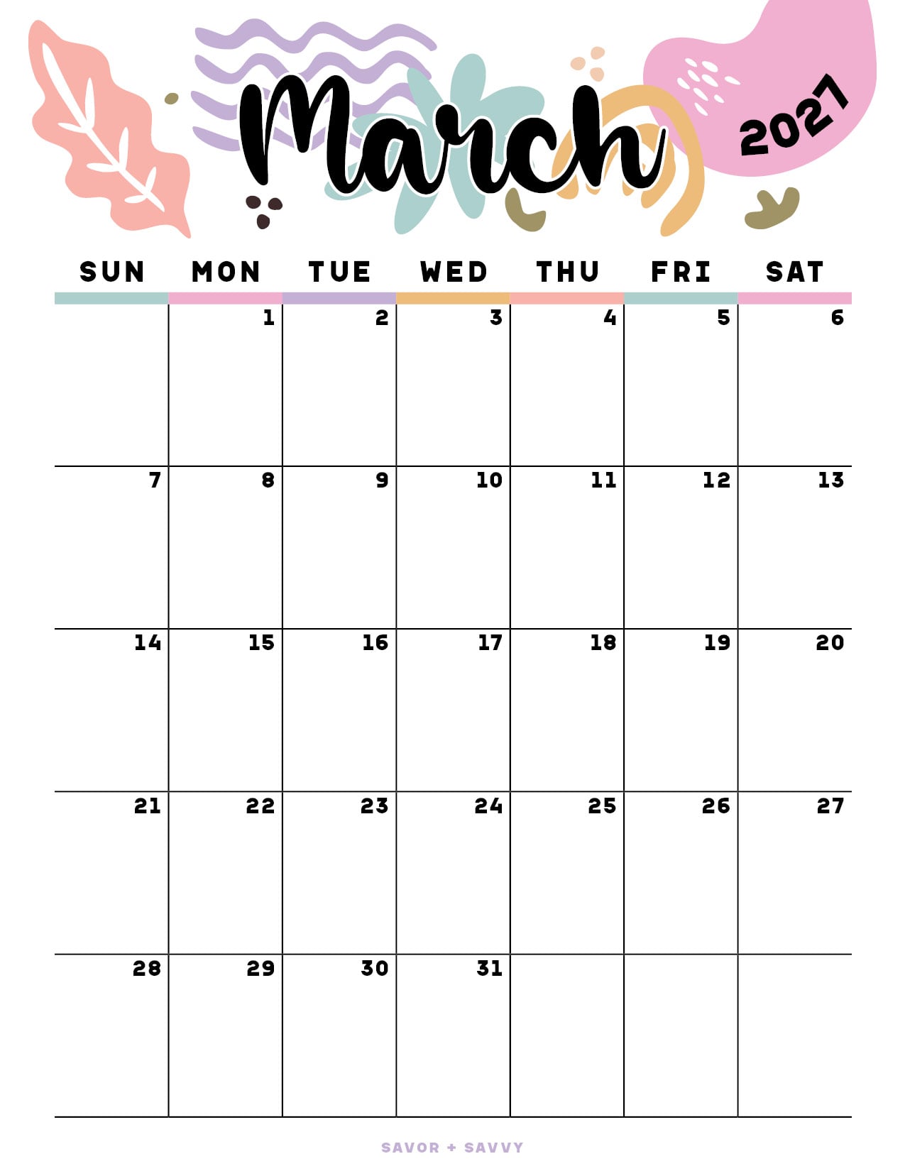 abstract colors and shapes are on the header of this calendar page for the March 2027 printable.