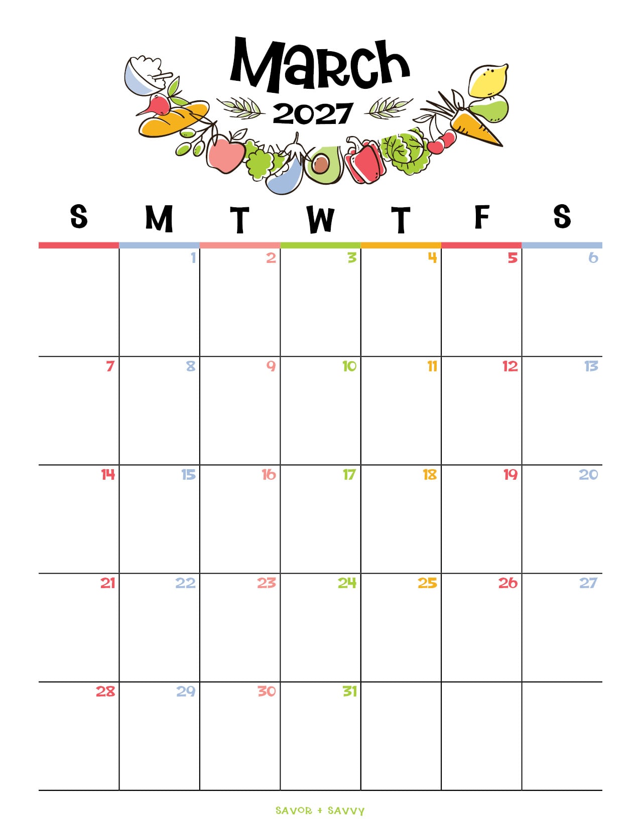 foodie themed header with fruits, vegetables and pastries under the Month of March on this calendar page.