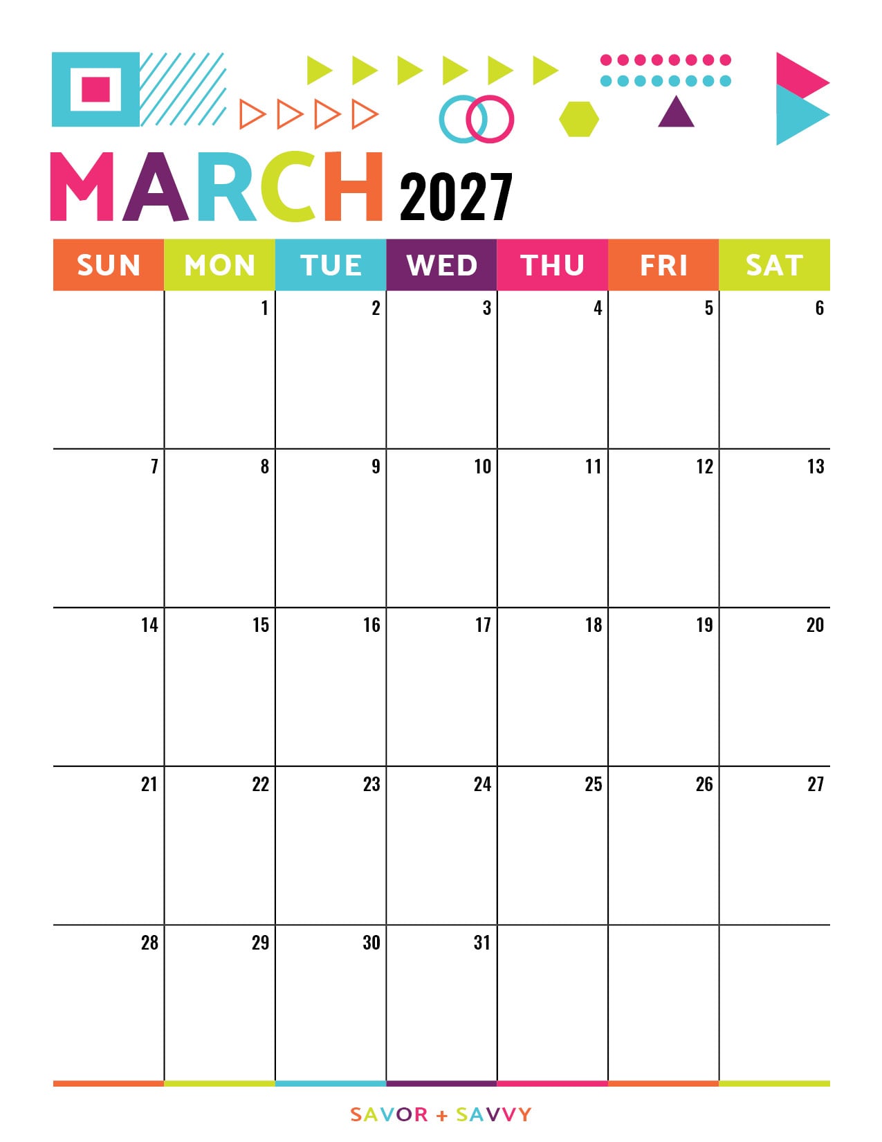 bright and colorful geometric patterns are the highlights of this calendar page for March 2027.