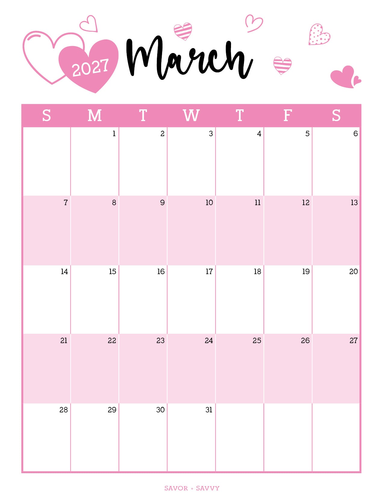 adorable soft pinks and hearts decorate this march 2027 free printable calendar sheet.