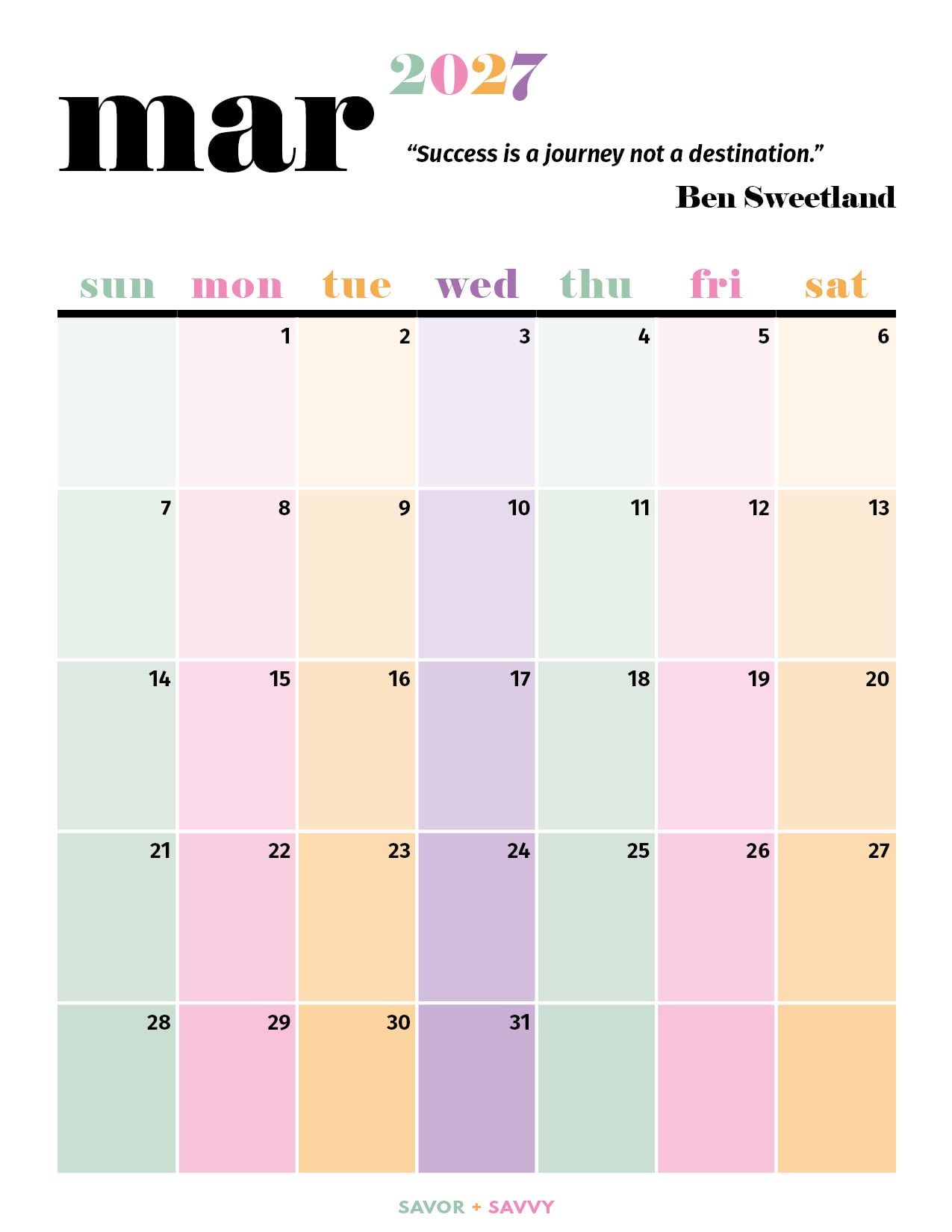 light pastel columns on this March calendar with an inspirational quote on top.